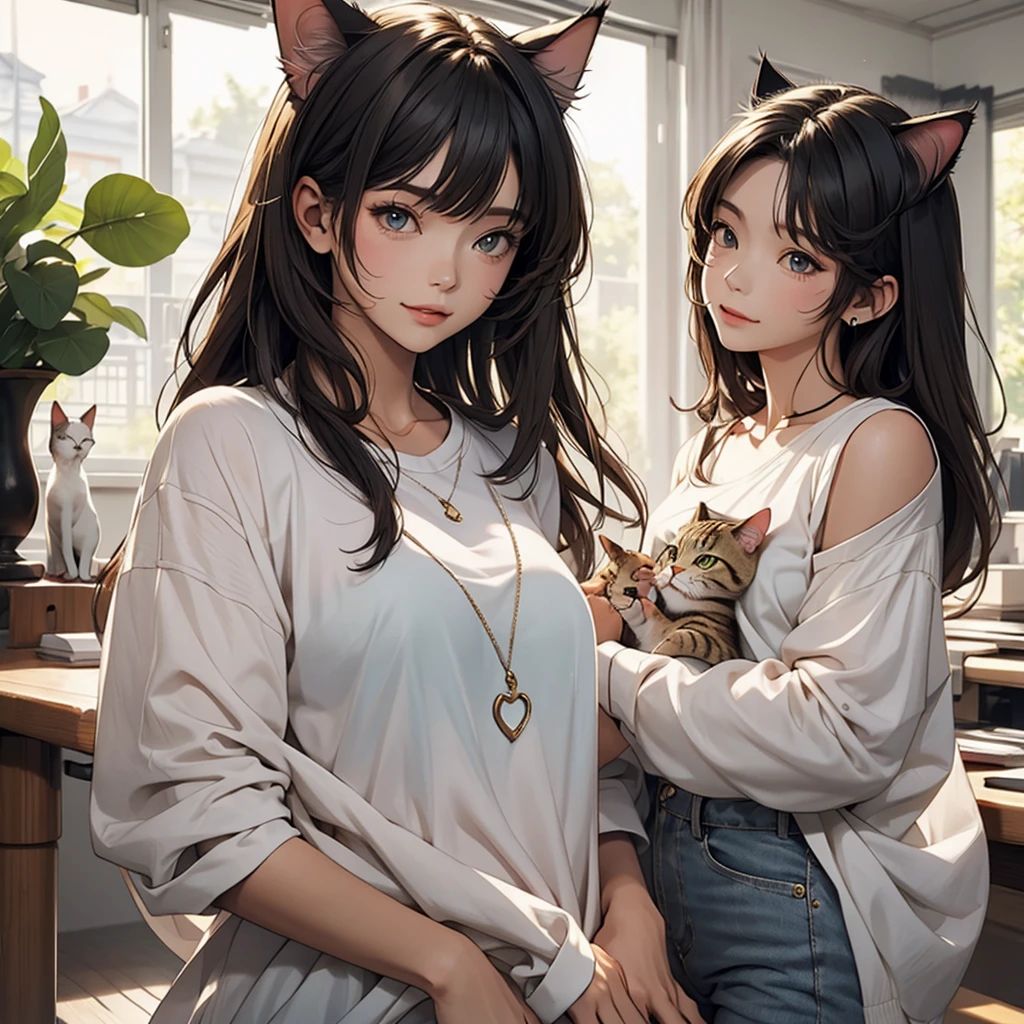 ((Masterpiece)), (High Definition:1.3), (Professional Photography:1.2), ((2girls)), best quality, 8K, Textured skin, cinematic lighting, wide-shot, (Cute innocent teenage girl), slendar body and small breast, very messy medium hair, very blush, very sad face, (wearing kids camisole), cat ears, pale brown hair, innocent posing in the park, autumn day