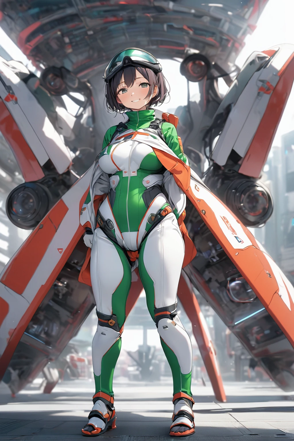 female anime character in a futuristic suit with a sword, masterpiece, Best Quality, Absurd, Fujimura Shizuka , 1人のgirl, Big Butt、Big ButtThong、Thongを食い込ませる、High Cut、Big Butt、Turning his back, standing,  staring at viewers, smile, ハイレグのレオタードを着たブラジルのsexyなアニメのFujimura Shizuka がバックのポーズをとっています。sexyな衛士強化装備レオタードスーツ、masterpiece、high quality、Very High Resolution 、 high leg guard reinforcement equipment 、つま先を見せているFull Body Shot、（Female pilot、girl、sexy、白い high leg guard reinforcement equipment 、（（green：1.5）sexyな衛士強化装備）、Thong、Full Body Shot、Toes、Chin Guard 、[Standing leg、、 upper body、 showing off your crotch 、 pilot suit、masterpiece、high quality、Very High Resolution 度、Enlarged thighs、masterpiece, Best Quality, Absurd, Fujimura Shizuka , 1人のgirl, Alone, standing,  staring at viewers, smile