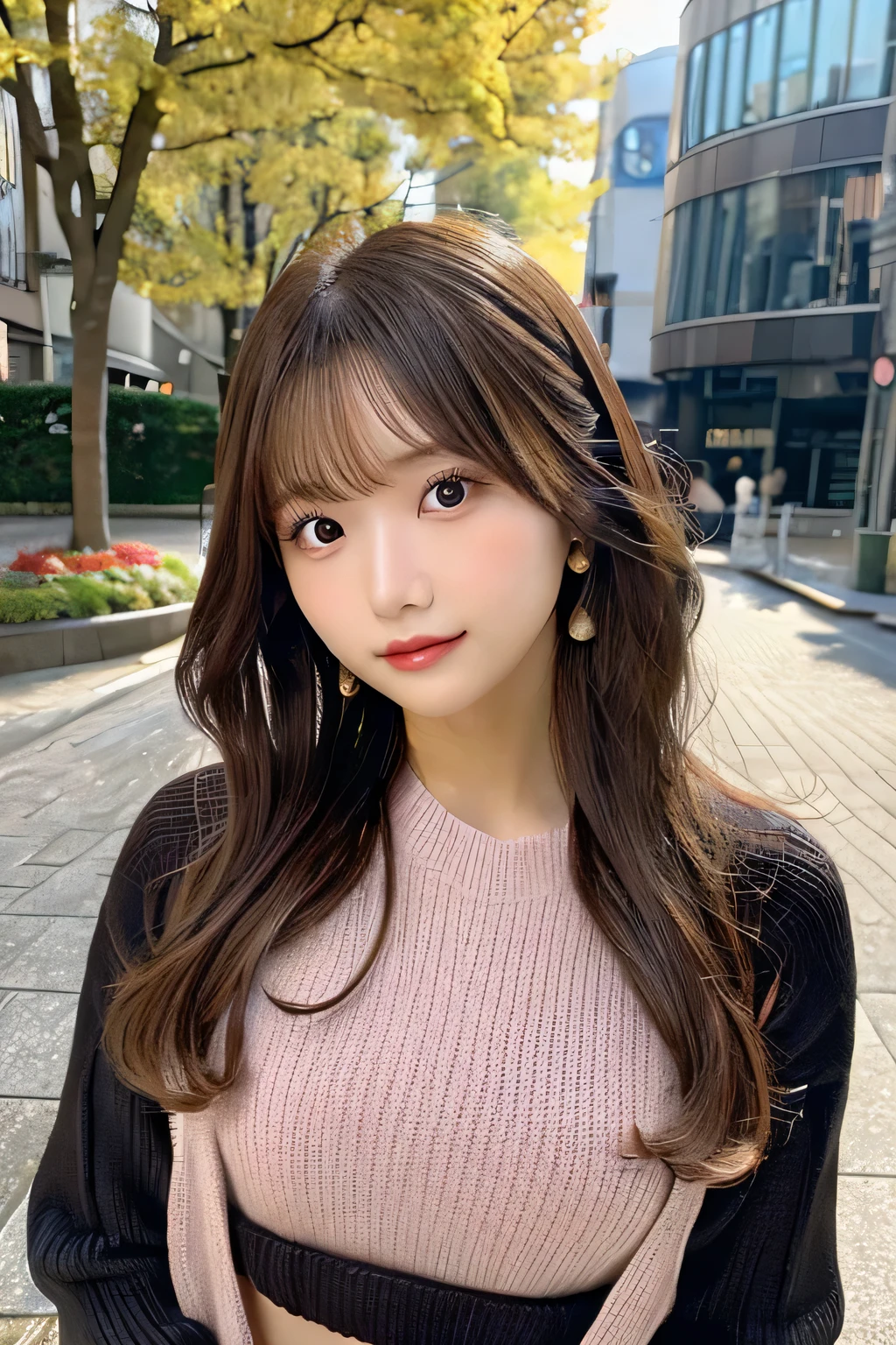 Masterpiece,best quality,high quality,detailed,ultra detailed.4K/8k,Full-HD,high resolution１gitl, medium long hair、Brown Hair、Japanese idol in her 20s 、Plump Cheeks、Pink lips、black knit sweater,white Tulip skirt,standing pose,standing naturally,full body shot,Outside,blurred,background,sunny,,sunlight