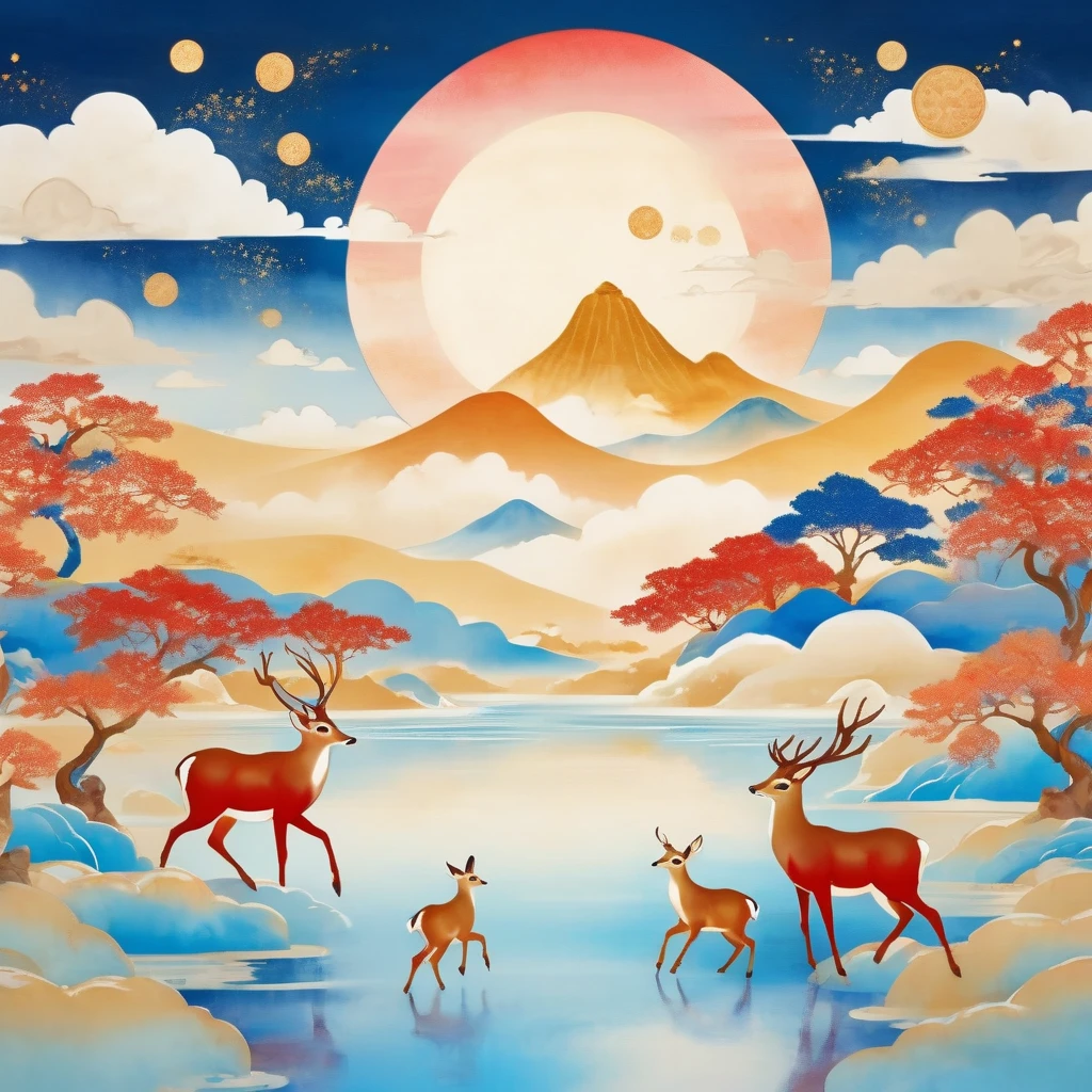  Dunhuang art style illustration , Nine colored deer surrounded by bright clouds，Magnificent ,（ Deer shines with stars ：1.36） Stand in a lotus pond , extremely fine brushstrokes , Soft and smooth ,  Chinese red and blue ,  gold background 