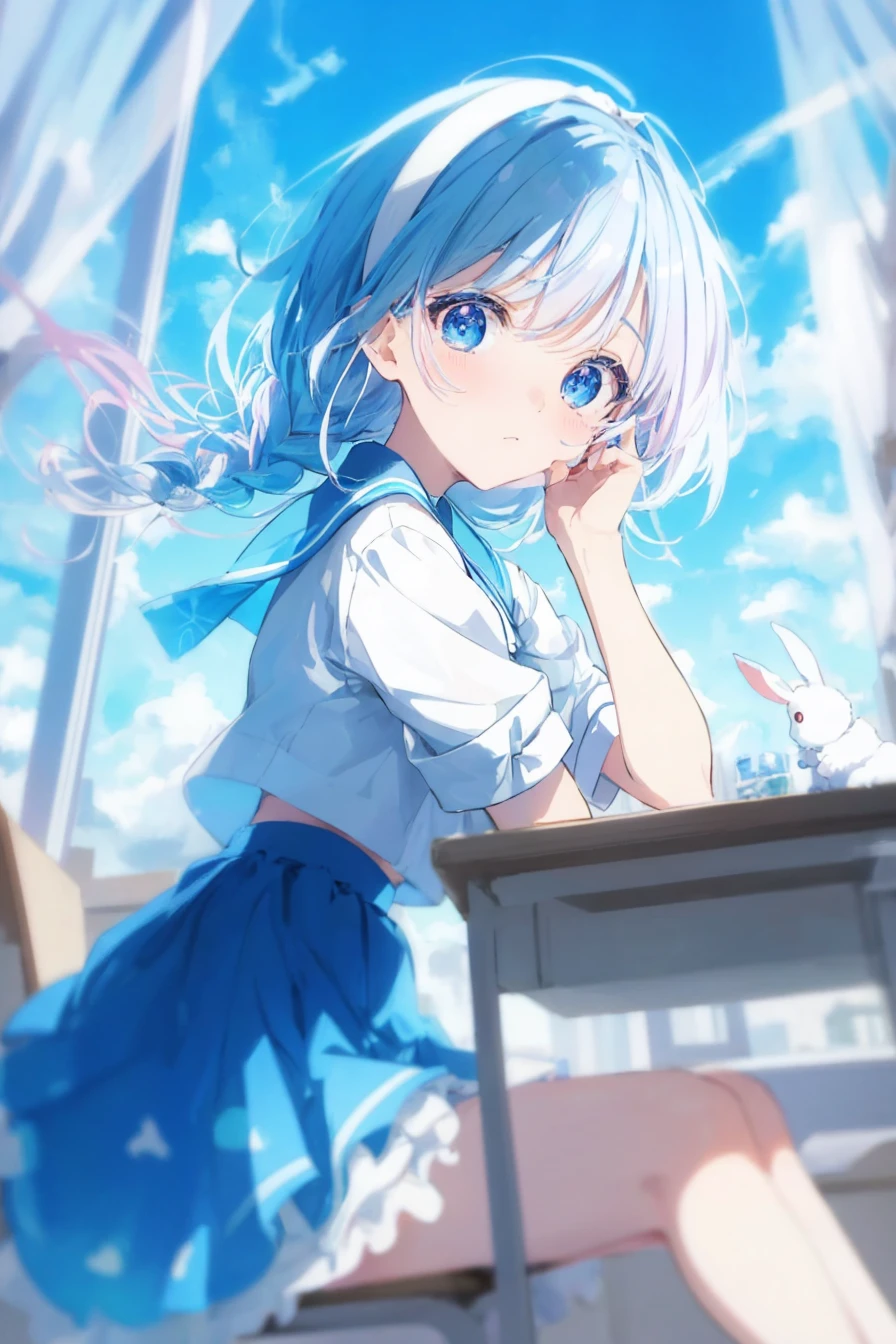 arona \(blue archive\)
blue eyes, blue hair,braid,bow hairband,halo,choker,white sailor collar,white skirt,white sneakers, anime girl with blue hair sitting at a desk with a cute small rabbit, an anime drawing, a manga drawing, by Kobayashi Kiyochika, cute anime girl portrait, clean anime art, anime visual of a cute girl, cute anime girl, (anime girl)
