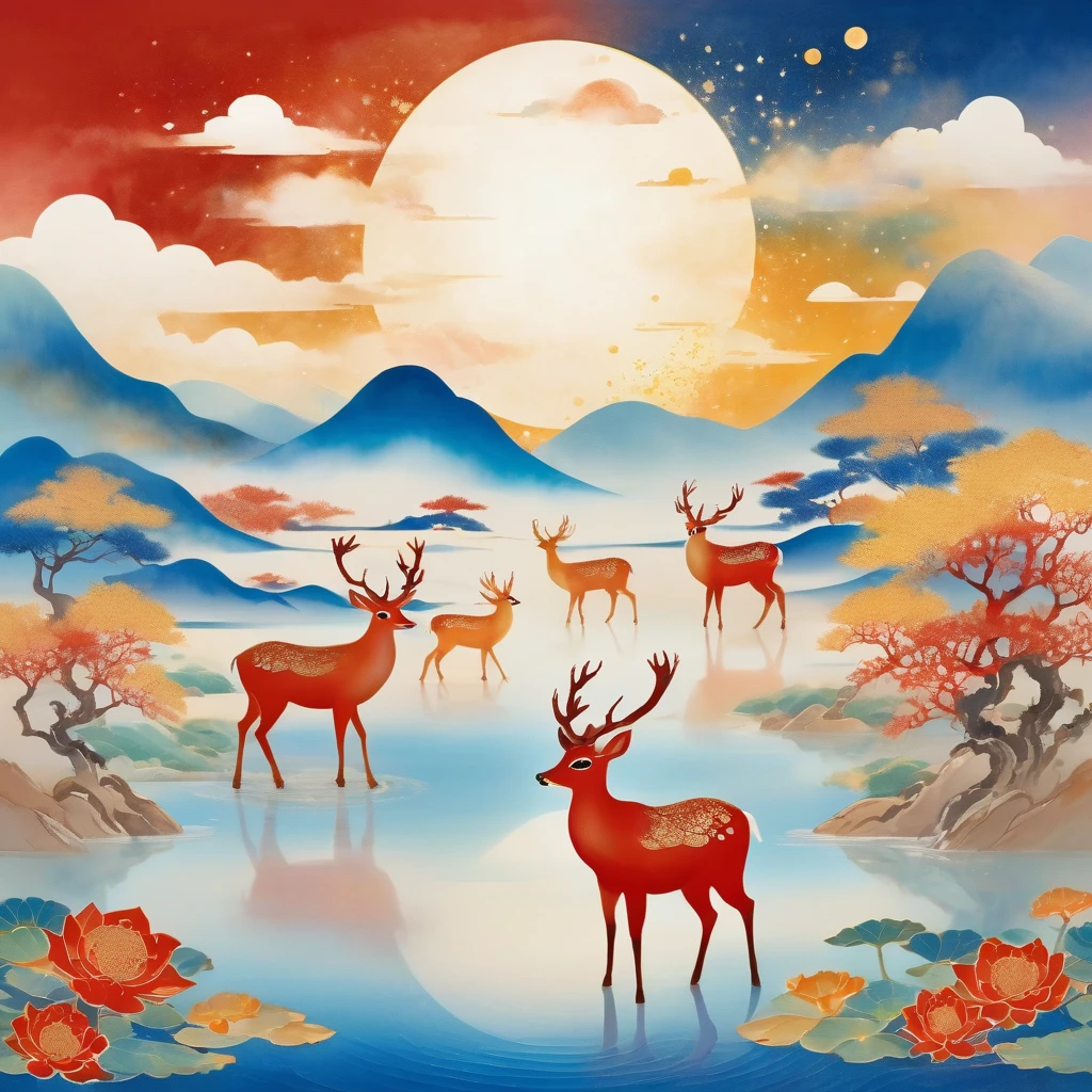  Dunhuang art style illustration , Nine colored deer surrounded by bright clouds，Magnificent ,（ Deer shines with stars ：1.36） Stand in a lotus pond , extremely fine brushstrokes , Soft and smooth ,  Chinese red and blue ,  gold background 