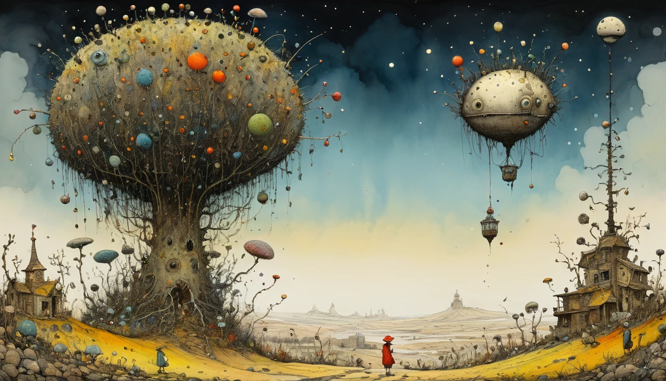 Surreal, Pointillism, Expressionist, Surrealism influence, Quentin Blake art style, Mattias Adolfsson artwork, textured painting, strange enviroment, odd plants, esao andrews, strange ancient creatures, Mandelbrot, esoteric masterpiece apocalyptic, ominous, unsettling, trending on artstation, 4k 