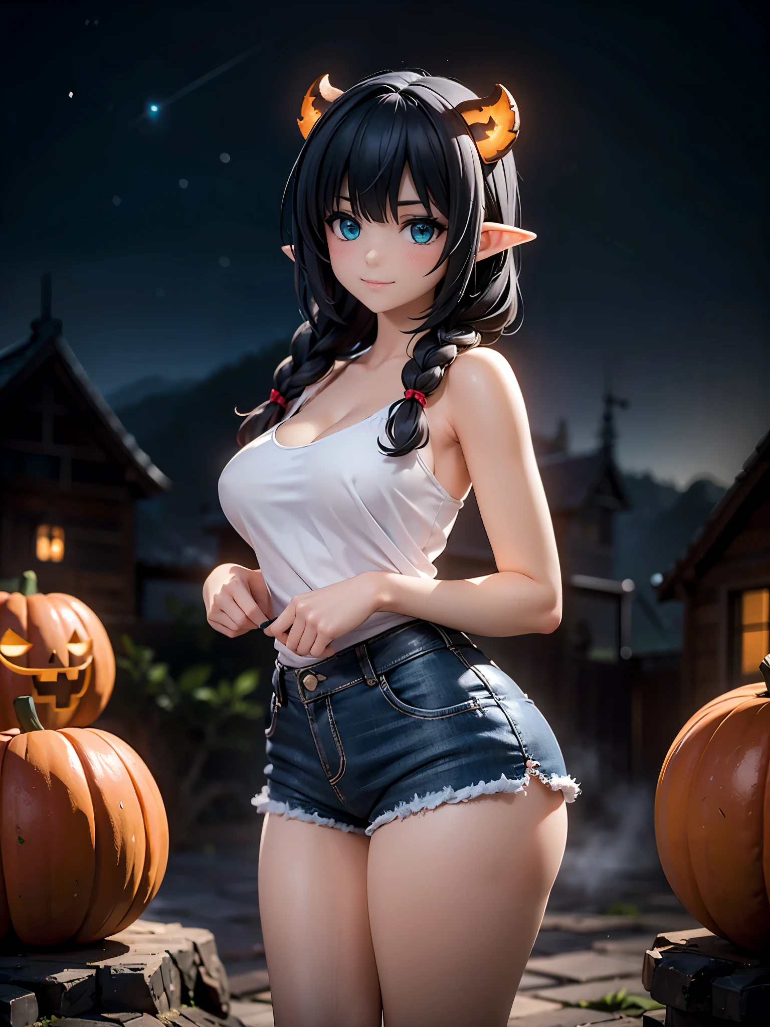 realistic image, detailed image, coherent image, 1 elf, turquoise eyes, long hair tied in braids, black hair, smiling, devil horns, She has a curvy body, medium breasts, she is wearing a red off-shoulder tank top, black minishorts, She is posing sensually, starry night, surrounded by pumpkins and ghosts, mist around, haunted town background, Halloween, soft focus, dramatic shadows, volumetric lighting, natural lighting,