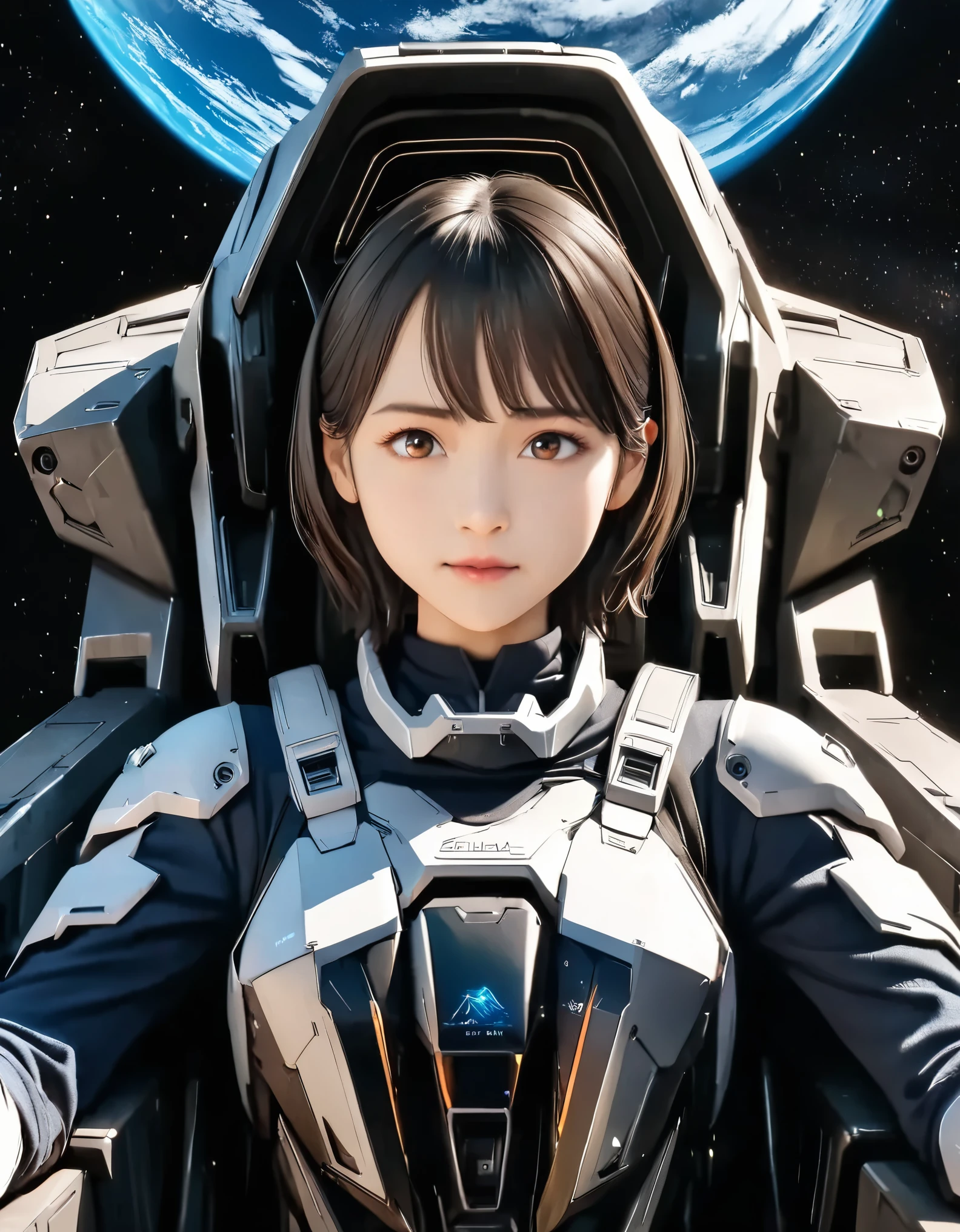 (best quality, 8k, high resolution:1.2), 1girl, universe, earth, gundamwingcockpit, upper body