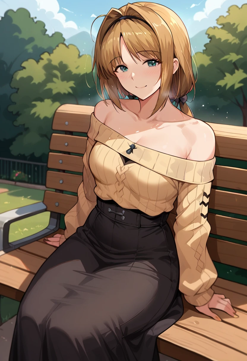 (takamori haruka:1.2), 1 girl, score_9, score_8_up, score_7_up, score_6_up, ((12k,Masterpiece)), Very detailed, clothes reflecting light ,(mature female, small breasts:1.0),Outdoor,Park,(black long skirt,off shoulder sweater ),sit on a bench, bitter smile, stretch, 