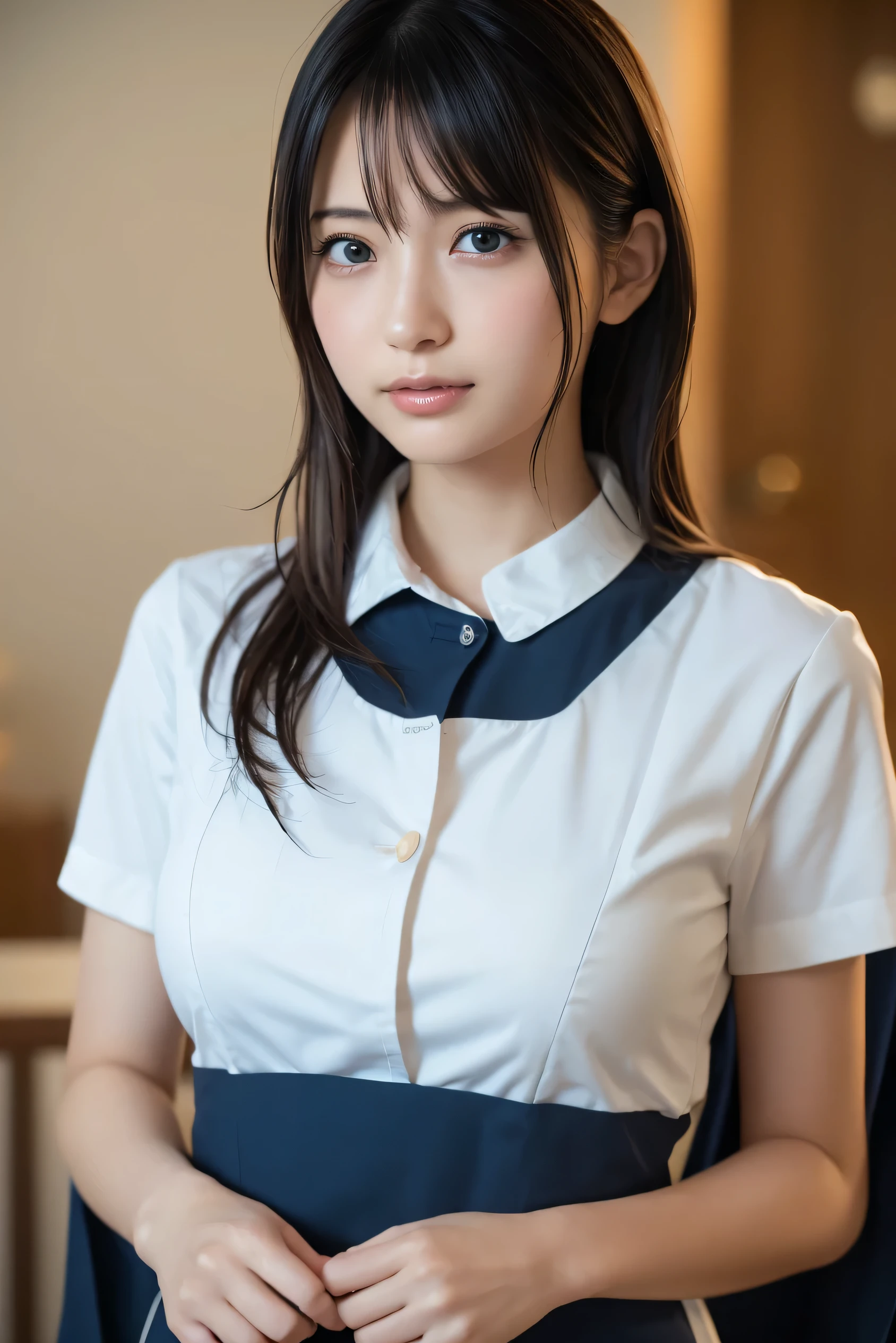 A beautiful young Japanese woman, around 20 years old, wearing a stewardess uniform, ultra-detailed, 8K resolution, highly realistic, cinematic lighting, best quality, masterpiece, photorealistic, physically-based rendering, extremely detailed, vivid colors, professional, sharp focus, studio lighting
