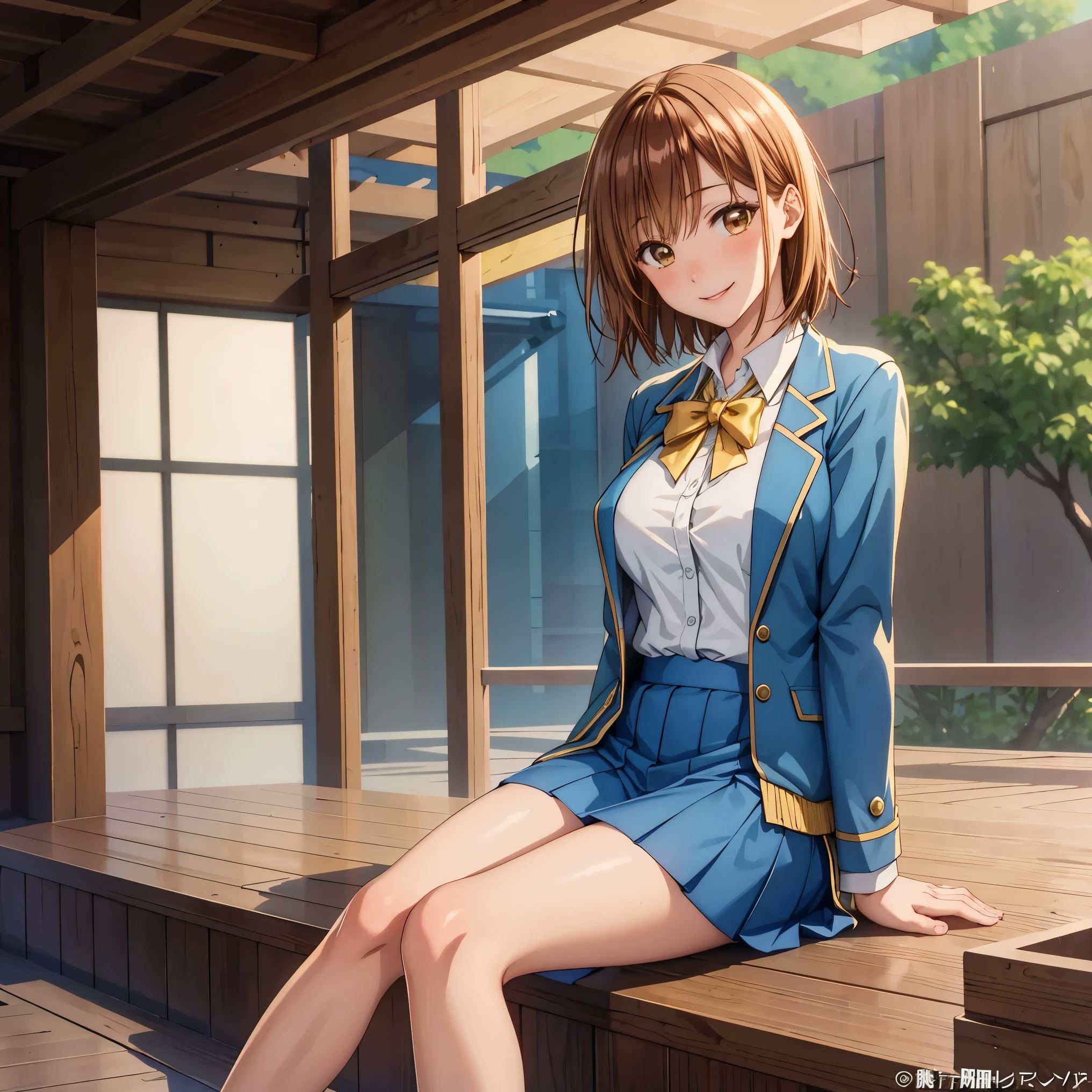 masterpiece, Best Quality, High resolution,16k,official art,super detailed skin,detailed,Kano Chinatsu,high school girl,(C cup beautiful breasts)、(tall:1.2),height: 170cm,Sexy long legs,Fashion model body type,gal,bangs, Blue Skirt, Brown eyes, Brown Hair,  highschool uniform,blue jacket, Staring at the audience, short hair, Sitting, smile,Muscular、1girl,big laugh,smile、Shy、Shyness,Cool look,blush,A composition that shows the upper body,cinematic lighting,Superfine,magnificent view、park、autumn,(daytime:1.5),dynamic angle,extreme closeup