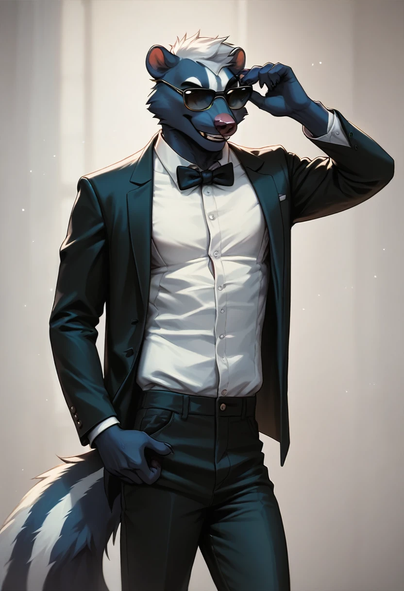 Close-up of a: man, Alone, furry, antromorfo, skunk, masculine, ADULT FACE,  Abdominals , with hairstyle (Pompadour),.. attire: open white suit, Open white shirt, black dress pants, Black bow tie, and some sunglasses,.. bottom: Set, photo shoot, single white room,.. pose: Adjusting his glasses, (cara lateral, ladeado), smiling at the camera.