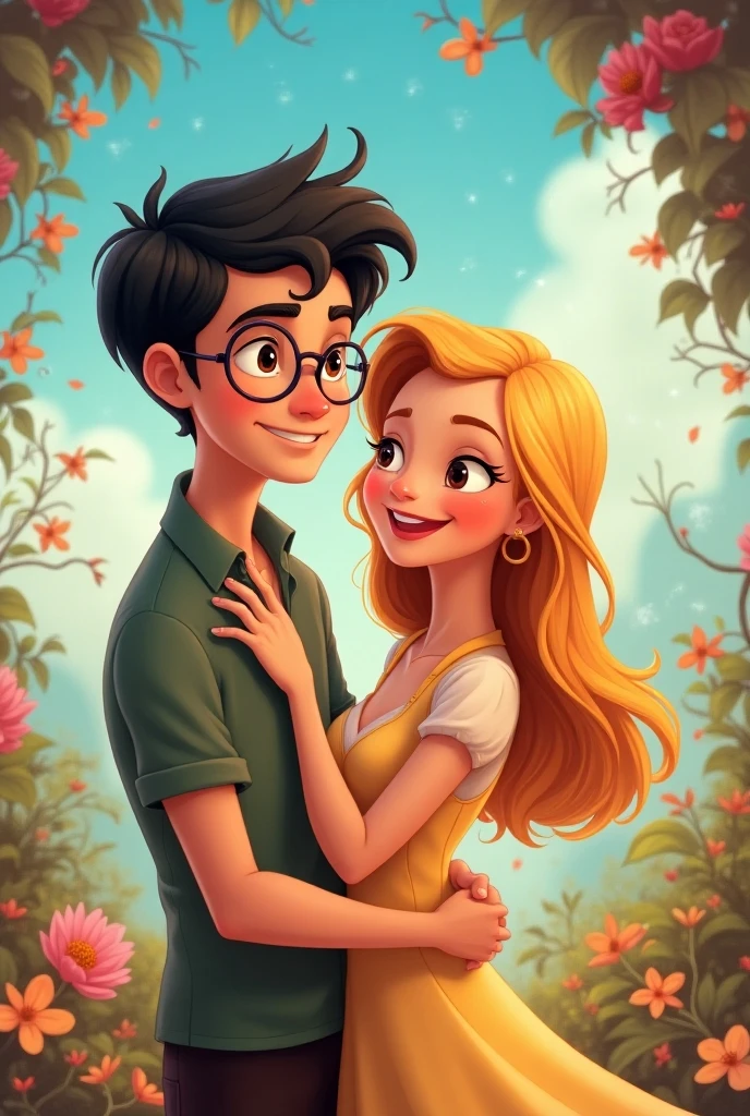 ((etiqueta)) fofo, There's a man with glasses, light brown hair and royal blue suit and a beautiful woman with long light brown hair dressed as a wedding who hug, Directed by: Nandor Soldier, Lovely couple, casal feliz, casamento, Foto de perfil do headshot, retrato de casal, crescimento de um casal, imagem de perfil, imagem do avatar, imagem de qualidade muito alta, foto do perfil, retrato de casais, foto do perfil, retrato de alta qualidade, They are in love in a garden of white daisies