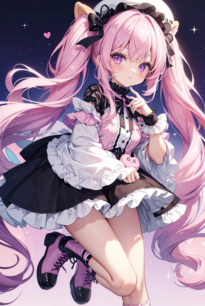 Diva has a brown skin-tone and turquoise eyes with black eyeliner. She has pink blush, lipstick, and has a star on her cheek. Her fluffy white hair flares out and is worn with a big electric pink bow. Diva's hair is coated in glitter, along with her hair bow. She wears a black sleeveless dress with an electric pink band, followed by three tutu skirt layers. The first is white with black leopard print, followed by two, glittery electric pink layers. She wears electric pink boots with black bows and frilly white cuff, paired with black stockings. SPARKLE; GLITTER