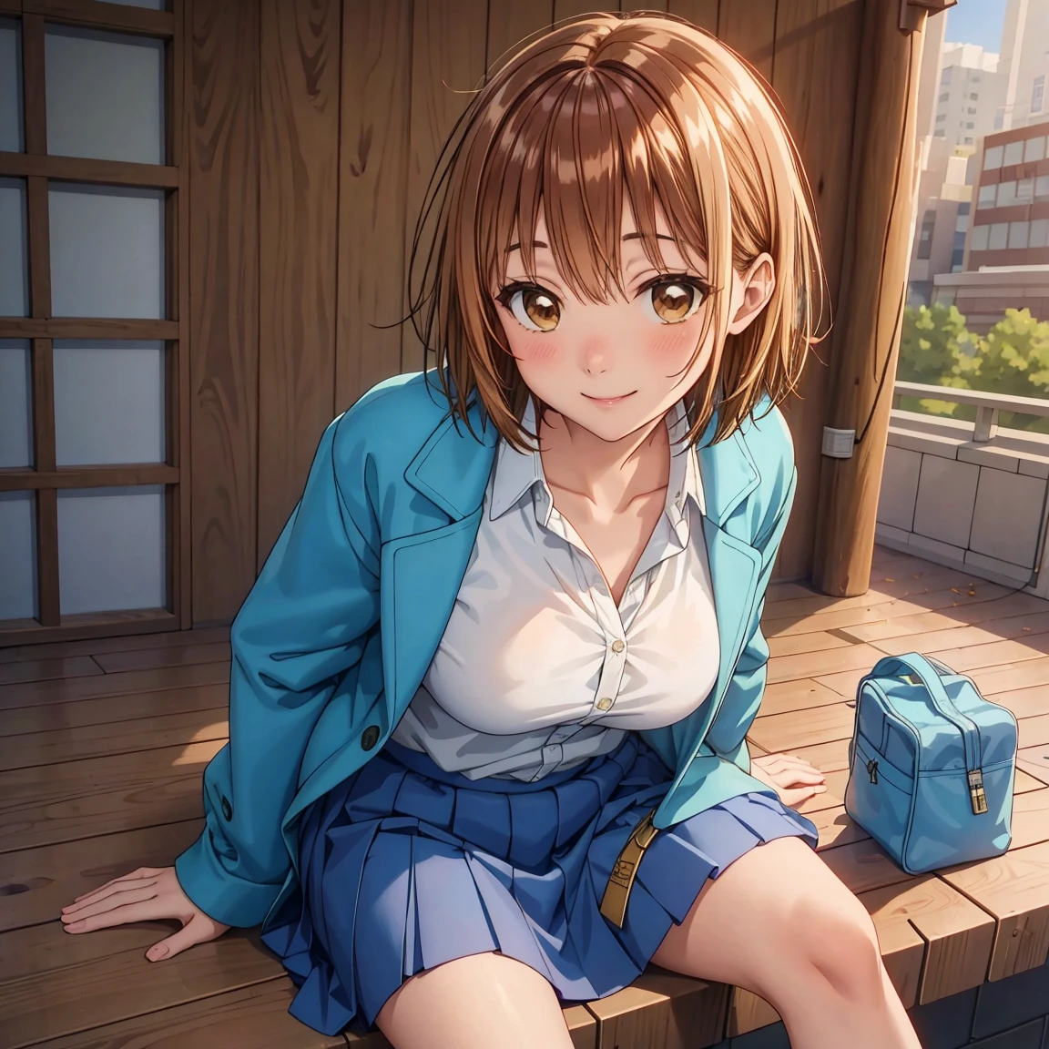 masterpiece, Best Quality, High resolution,16k,official art,super detailed skin,detailed,Kano Chinatsu,high school girl,(C cup beautiful breasts)、(tall:1.2),height: 170cm,Brown eyes, Brown Hair,Sexy long legs,Fashion model body type,gal,bangs, Blue Skirt, highschool uniform,blue jacket, white y-shirt,Staring at the audience, short hair, Sitting, smile,Muscular、1girl,big laugh,smile、Shy、Shyness,Cool look,blush,A composition that shows the upper body,cinematic lighting,Superfine,magnificent view、park、autumn,(daytime:1.5),dynamic angle,extreme closeup