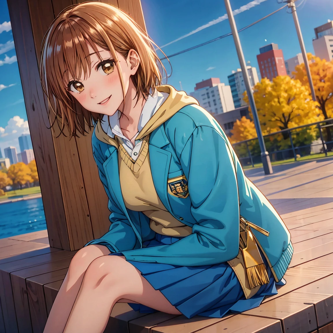 masterpiece, Best Quality, High resolution,16k,official art,super detailed skin,detailed,Kano Chinatsu,high school girl,(C cup beautiful breasts)、(tall:1.2),height: 170cm,Brown eyes, Brown Hair,Sexy long legs,Fashion model body type,gal,bangs, Blue Skirt, highschool uniform,blue jacket, white y-shirt,Staring at the audience, short hair, Sitting, smile,Muscular、1girl,big laugh,smile、Shy、Shyness,Cool look,blush,A composition that shows the upper body,cinematic lighting,Superfine,magnificent view、park、autumn,(daytime:1.5),dynamic angle,extreme closeup