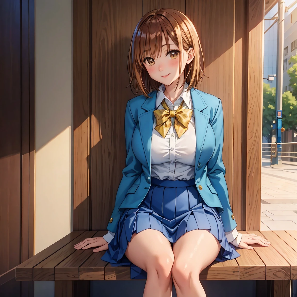 masterpiece, Best Quality, High resolution,16k,official art,super detailed skin,detailed,Kano Chinatsu,high school girl,(C cup beautiful breasts)、(tall:1.2),height: 170cm,Brown eyes, Brown Hair,Sexy long legs,Fashion model body type,gal,bangs, Blue Skirt, highschool uniform,blue jacket, white y-shirt,Staring at the audience, short hair, Sitting, smile,Muscular、1girl,big laugh,smile、Shy、Shyness,Cool look,blush,A composition that shows the upper body,cinematic lighting,Superfine,magnificent view、park、autumn,(daytime:1.5),dynamic angle,extreme closeup