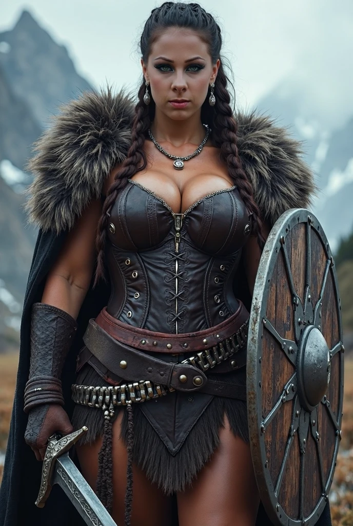 a painting of a powerful mountain dwarf in bearskin armor with her belly exposed, she only wears pants that barely cover her powerful muscular thighs, she wears furry leather boots, segurando um grande Gavel de duas mãos, war hammer, Gavel de guerra, Thor'Gavel, dwarf warrior woman, a beautiful berserker woman, north female warrior, Female Warrior, north adult female warrior, female barbara, fantasy narnarian woman, dwarven woman, viking feminino, picture of female barbara, female dwarf woman, Retrato de female barbara, nordic warrior