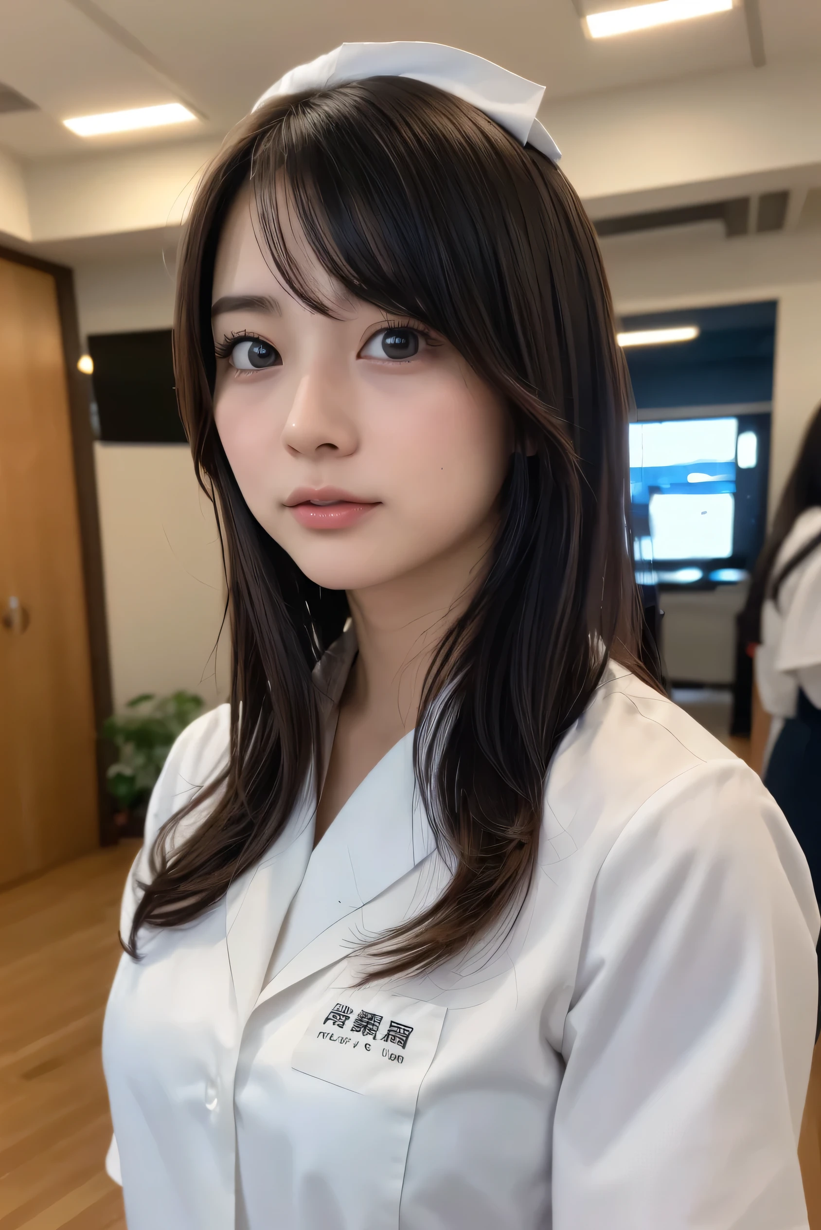 High resolution、超High resolution、photograph、Japanese Women、Looking into the distance、cute、Age 25、Random Hairstyles、Random pose、Highly detailed skin、Rough skin、Detailed chest、Japanese、Mid-chest、downblouse、Blue Nurse Uniform、Hospital room