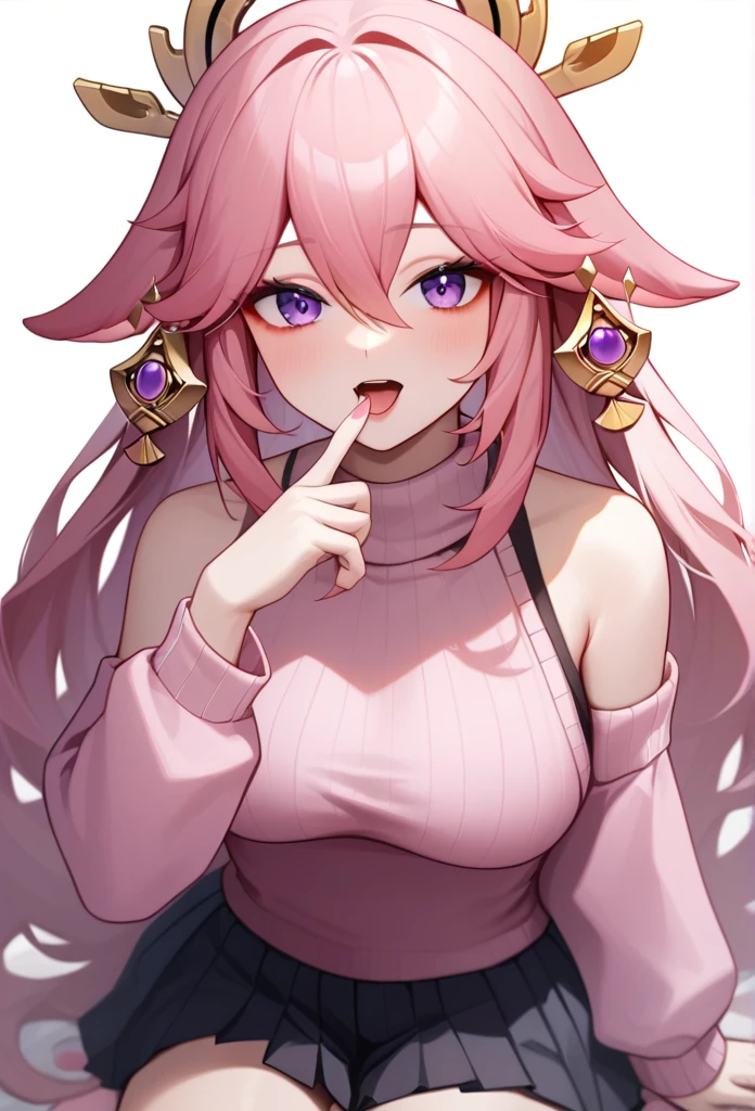 score_9,score_8_up,score_7_up,bachong, solo, finger_to_mouth, pink_shirt, pink_theme, simple_background, 1girl, long_sleeves, open_mouth, pleated_skirt, breasts, looking_at_viewer, pink_sweater, white_background, white_shirt, pink_ribbon, sleeves_past_wrists, highres, absurdres, sleeveless_sweater