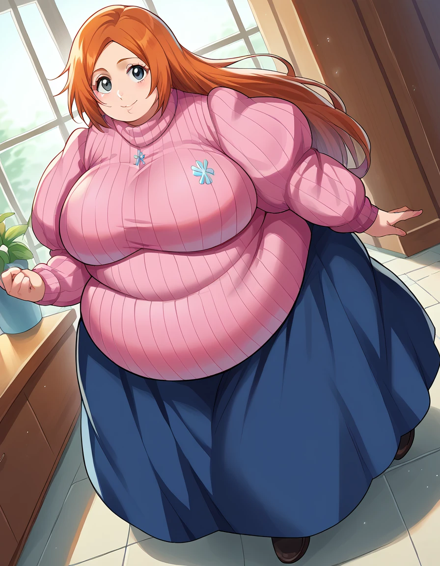 score_9, score_8_up, score_7_up, source_anime, inoueorihime, inoue orihime, long hair, orange hair, grey eyes, smile, sweater, pink sweater, long sleeves, puffy sleeves, skirt, blue skirt, long skirt, indoors, looking at viewer, cowboy shot, dutch angle, dynamic pose, fat, chubby, obese, full body shot 