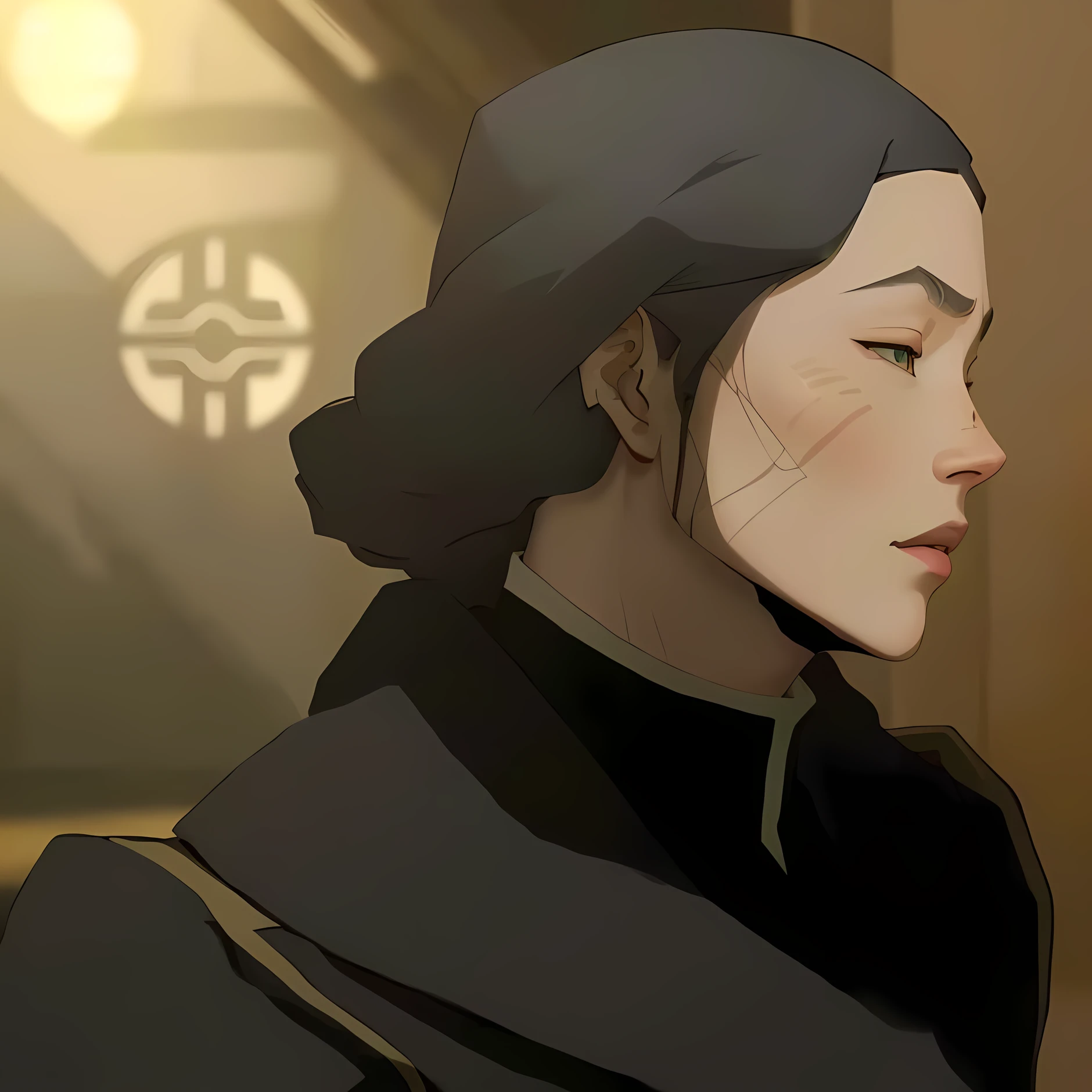 a close up of a woman in a black coat and a white face, Katara from Avatar , portrait of avatar korra, legend of korra, Inspired by Chen Jiru, legend of korra setting, korra from the legend of korra, a moogle in the legend of korra, Atlas, Inspired by Li Tang , scar on the cheek, gray hair, lin beifong