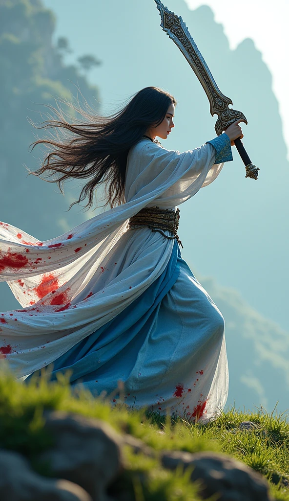  hyper realistic beautiful Indonesian woman seen in detail .  Long hair plays Horizon game character in long flowing blue-white costume full of red stains and full weapon, very detailed and complicated, Dynamic attack pose on a stretch of grass on a rock ,  66k UHD resolution 