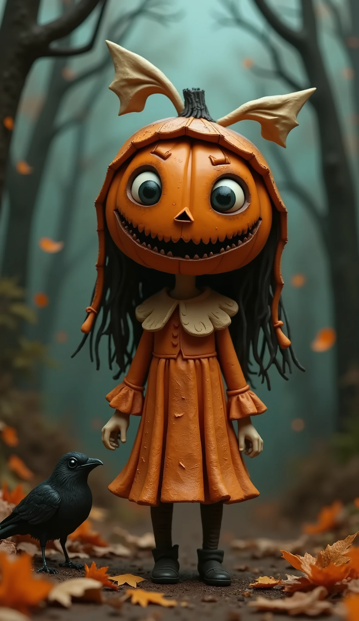 (Best Quality、masterpiece、 High Resolution )、very cute girl with pumpkin face 、、Girl、Autumn outfit、Clay Art、 clay animation 、4K Anime Art、dirty color 、Jack O Lantern humorous creepy face、Horror atmosphere、Crow、