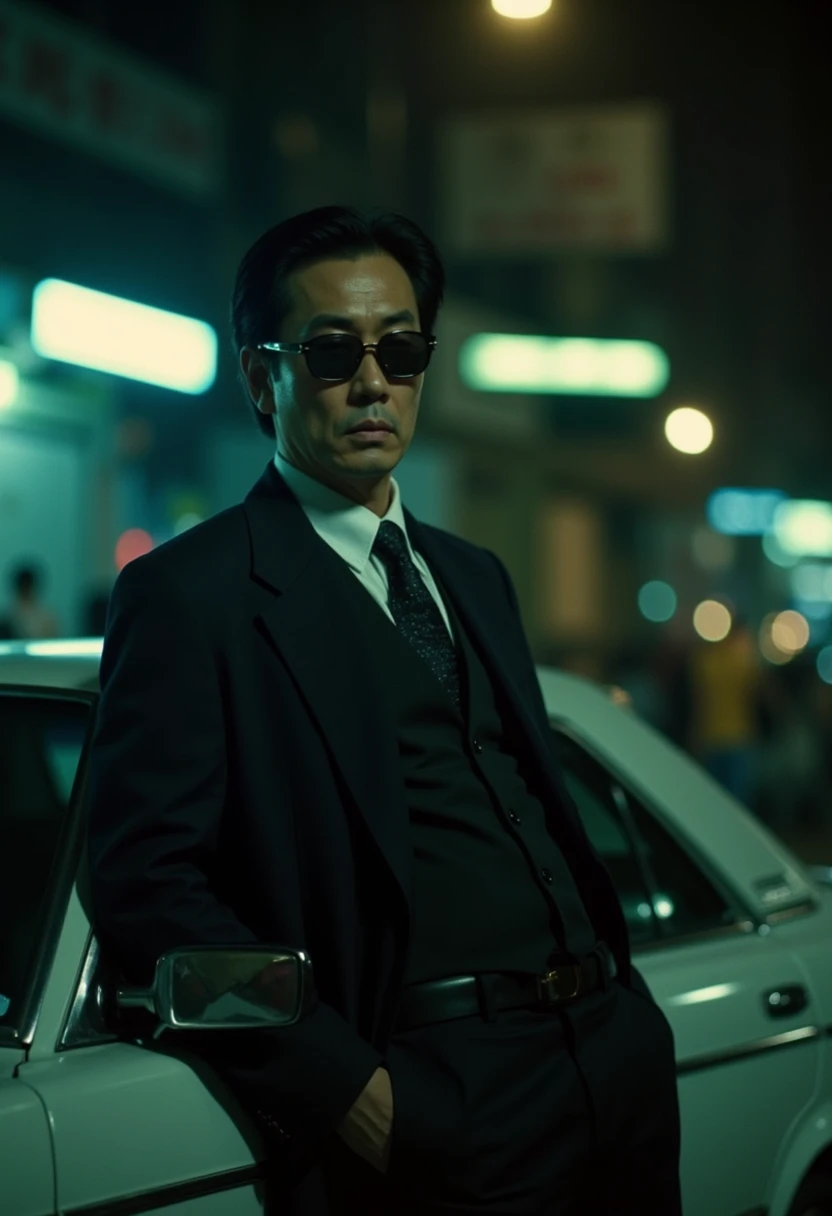 cinematography, realistic, retro, film grain, Wong Kar-Wai, dark lighting, solo, a middle age man in black suit and black sunglasses, stern expression, hand in pocket, he leaning against a car, blurry, bokeh