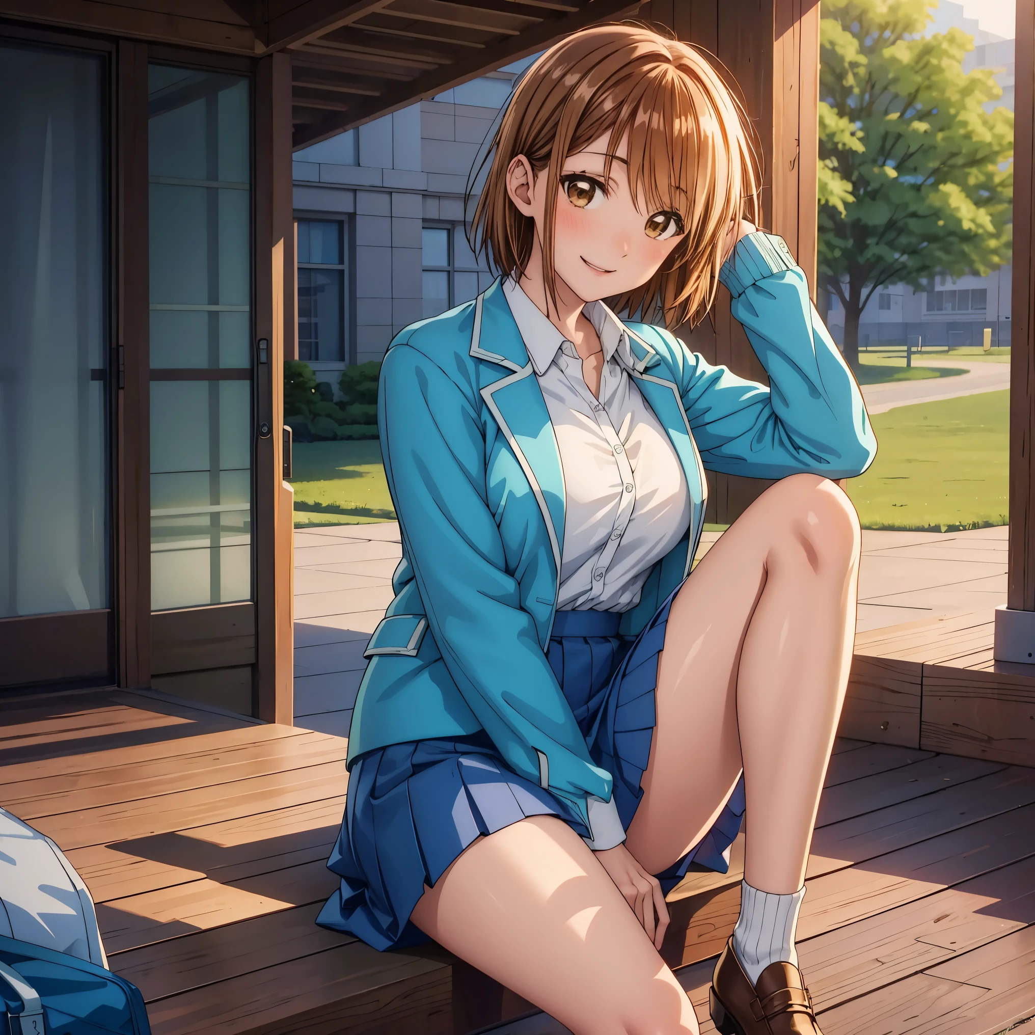 masterpiece, Best Quality, High resolution,16k,official art,super detailed skin,detailed,Kano Chinatsu,high school girl,(C cup beautiful breasts)、(tall:1.2),height: 170cm,Brown eyes, Brown Hair,Sexy long legs,Fashion model body type,gal,bangs, Blue Skirt, highschool uniform,blue jacket, white y-shirt,Staring at the audience, short hair, Sitting, smile,Muscular、1girl,big laugh,smile、Shy、Shyness,Cool look,blush,A composition that shows the upper body,cinematic lighting,Superfine,magnificent view、park、autumn,(daytime:1.5),dynamic angle,extreme closeup