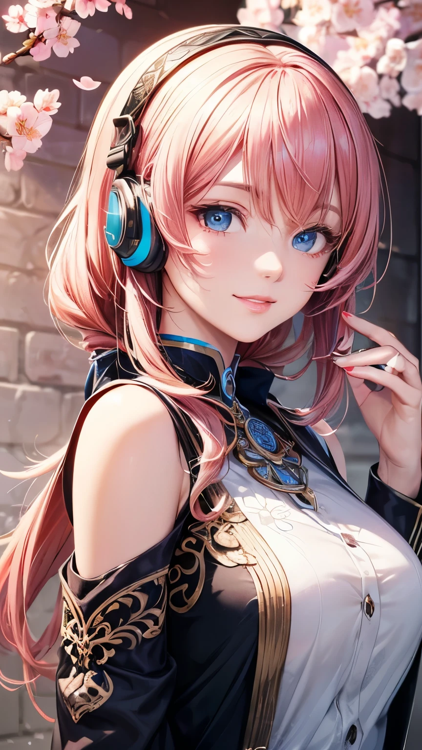 Megurine Luka， pink ponytail ，((headphones，Light blue furuncle ))，((Clear blue eyes))，((4K，8k，CG Unity，Masterpiece，masterpiece，Best Quality:1.5))，Official image，Perfectly correct anatomy，((Realistic:1.2))，Bust Up，(( staring at the camera with a gentle smile:1.17))，The most beautiful woman in the world，A soothing expression， Supermodels， Beautiful Detailed Skin Texture，Beautiful Lips， Extremely Exquisite Acrylic Painting ，Very beautiful and smooth hair， Pro Lighting，Perfectly correct hand shape， Intricate Details ，(( beautiful background with cherry blossom blizzard ))