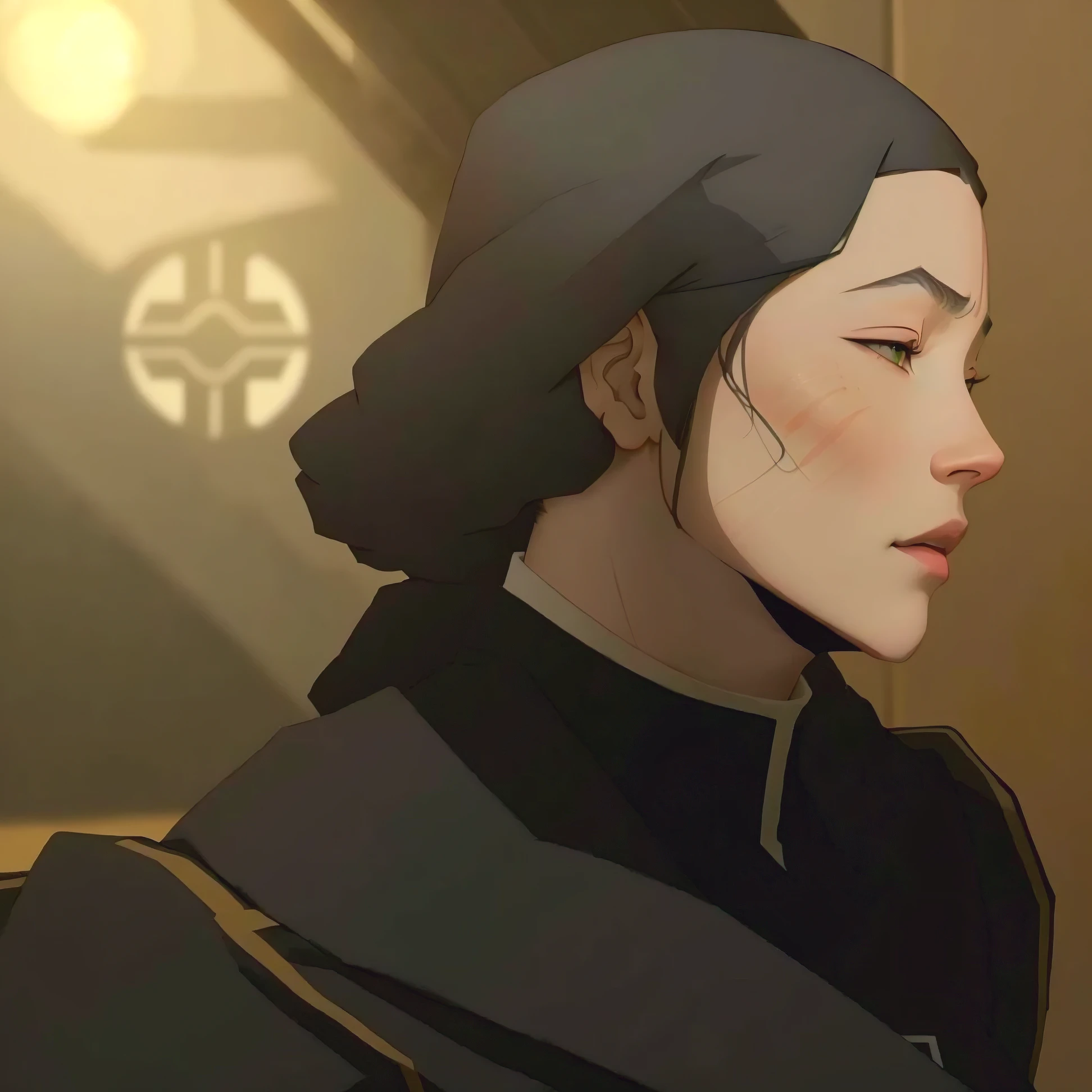 a close up of a woman in a black coat and a white face, Katara from Avatar , portrait of avatar korra, legend of korra, Inspired by Chen Jiru, legend of korra setting, korra from the legend of korra, a moogle in the legend of korra, Atlas, Inspired by Li Tang , detailed cheek scar, gray hair, lin beifong