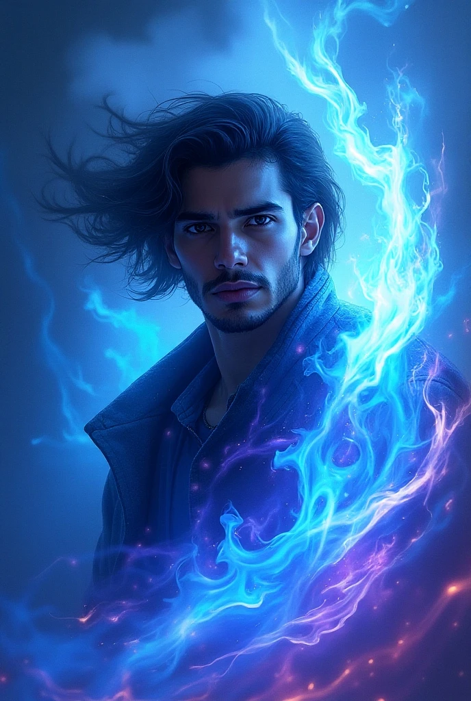Masterpiece, top quality, black hair, blue lightning, pointing the finger at yourself. Magic. Another world. Blue smoke billows. Handsome. Handsome man. Cool. A man in his 20s.