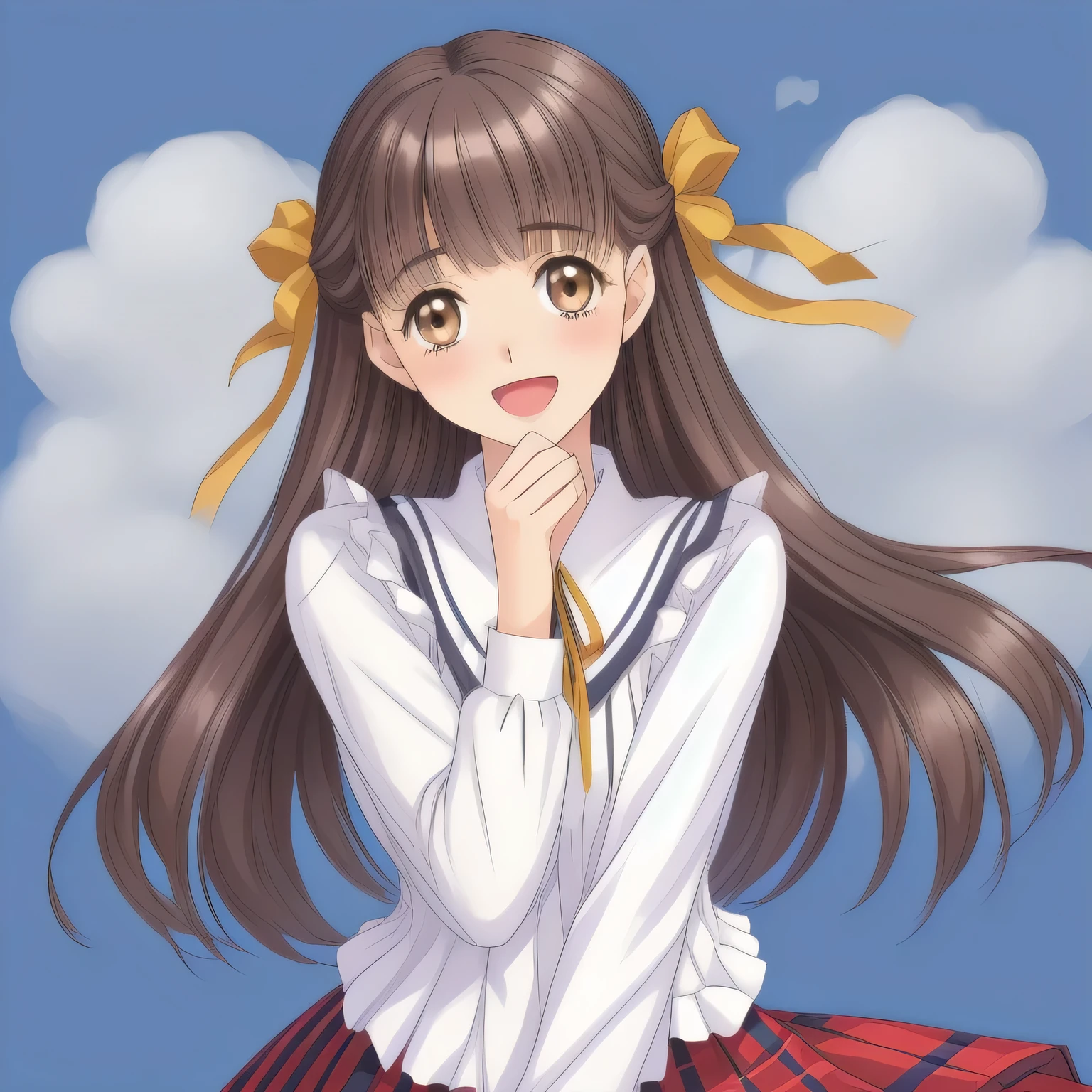 (highest quality, masterpiece: 1.6), (Too beautiful very intelligent 18yo woman is looking me down and laughing at me with bending her back deeply, pretty open mouth, can't stop giggling, trying to hug the viewer with her both hands as if hugging a completely-transparent , like a beautiful giggling noble elegant 18yo neat anime heroine, wares completely white frilled girly blouse and navy checkered plaid skirt, inviting me into deep harem of siren and succubi, Noble Elegant uniform: 1.5), (white white white frilled blouse, with pretty shiny large ribbons made of polyester on the breast and sleeves: 1.2), (Anime-heroine's girly noble laughing giggling smart very very intelligent brown eyes despise me!: 1.6), (Realistic Charming neat dark-navy-blue very-neat well-pleated long dark-blue checkered glossy expensive plaid school skirt made of wool: 1.6), (sky-blue background with white heart figured clouds: 1.7), (Eyes, face and hair are especially beautifully detailed and beautifully drawn: 1.5), (Girl whom everyone loves because of her beauty and lovely fashion and noble manner and magic-charm like succubus: 1.0), (Very beautiful, straight, super-super-long straight gorgeous rich dark black hair like hair model, with elegant big yellow hair ribbons: 1.3), (beautiful black hair: 1.5), (Perfect slender mature body style like a fashion model)