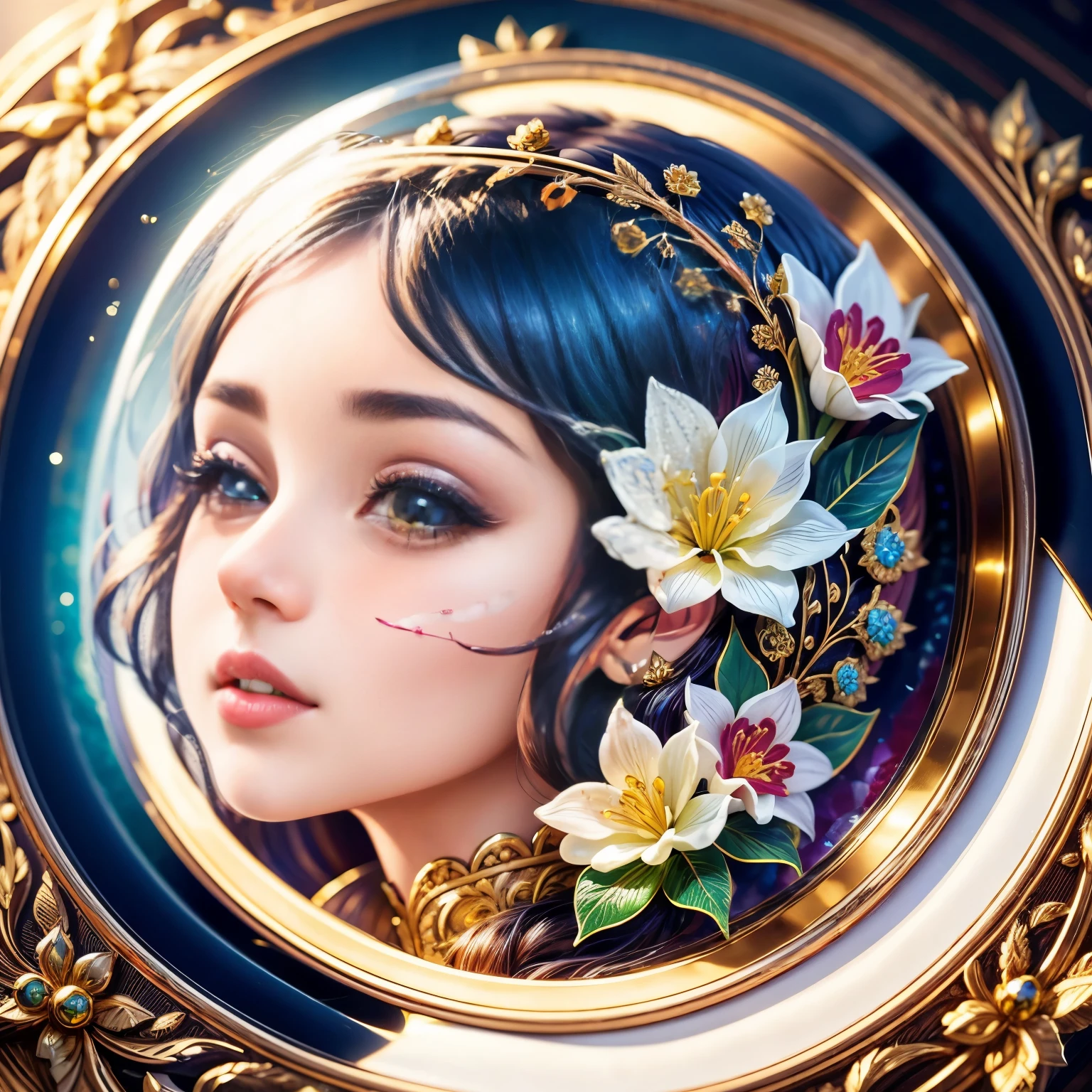 (La Best Quality, High Resolution ,Super detailed,),Laurel flower made with jelly ,face, Christmas decorations , Made of train stations , a masterpiece full of fantasy elements))), ((Best Quality)), ((Intricate details))(8k)