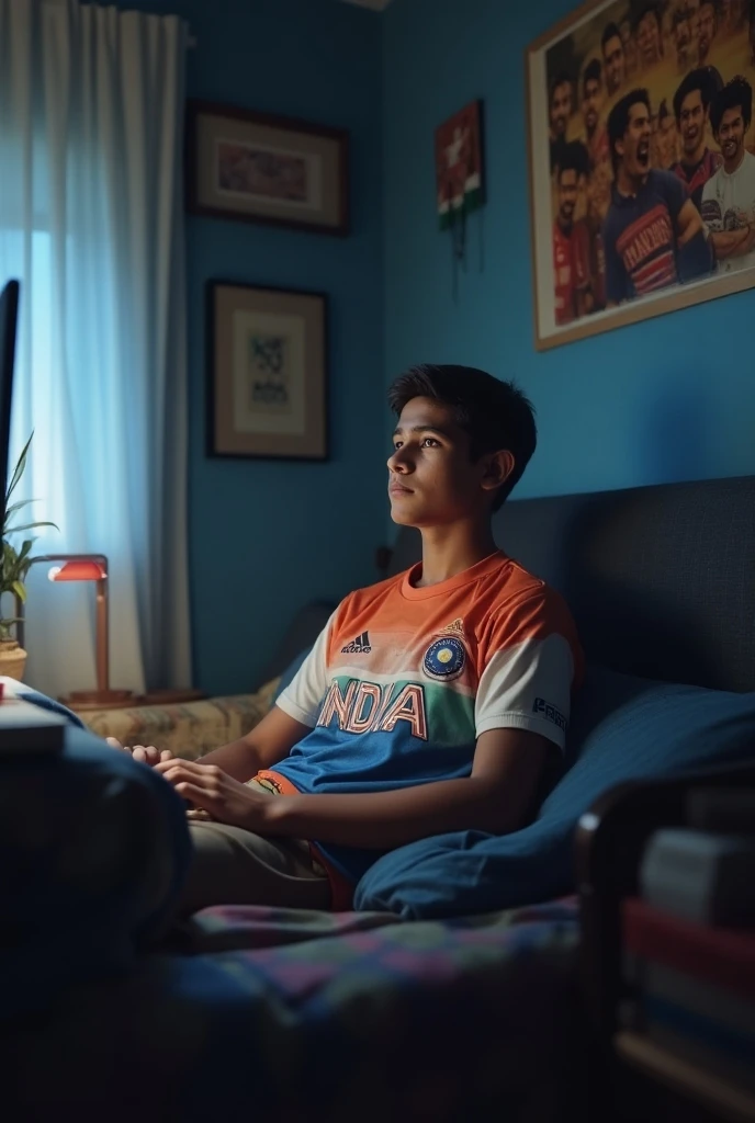 A boy sitting on chair and watch tv and wear a India jersey any his name jamir
17
