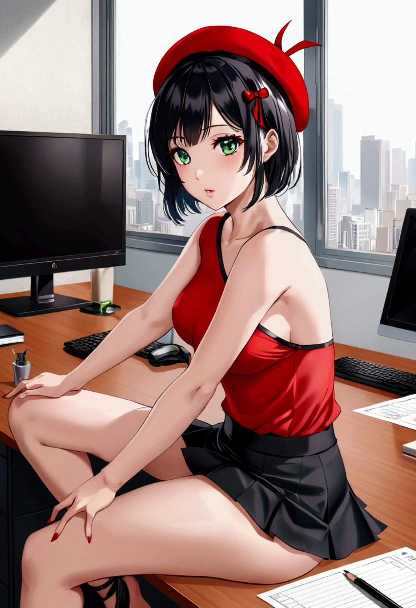 mature woman, mature body, goth, hot face, black lipstick, tongue out, teasing expression, seductive grin, hot face, (sharp eyes), gray eyes, short hair, messy hair, black hair, slim body, medium breast, short pants, hot pants, black clothes, midriff, sitting down, (sitting on rolling chair, sitting in front of a computer, flat schreen computer), crossing legs, view from side, side view, living room, (masturbating, hands in pants)