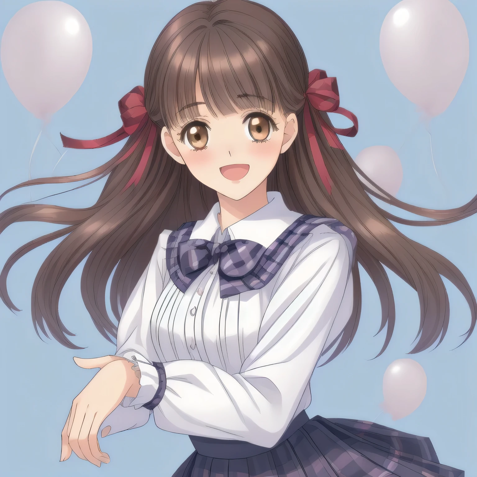 (highest quality, masterpiece: 1.6), (Too beautiful very intelligent 18yo woman is looking me down and laughing at me with bending her back deeply, pretty open mouth, can't stop giggling, trying to hug the viewer with her both hands as if hugging a completely-transparent baby, like a beautiful giggling noble elegant 18yo neat anime heroine, wares completely white frilled girly blouse and navy checkered plaid skirt, inviting me into deep harem of siren and succubi, Noble Elegant uniform: 1.5), (white white white frilled blouse, with pretty shiny large ribbons made of polyester on the breast and sleeves: 1.2), (Anime-heroine's girly noble laughing giggling smart very very intelligent brown eyes despise me!: 1.6), (Realistic Charming neat dark-navy-blue very-neat well-pleated long dark-blue checkered glossy expensive plaid school skirt made of wool: 1.6), (sky-blue background with heart figured plain white balloons: 1.7), (Eyes, face and hair are especially beautifully detailed and beautifully drawn: 1.5), (Girl whom everyone loves because of her beauty and lovely fashion and noble manner and magic-charm like succubus: 1.0), (Very beautiful, straight, super-super-long straight gorgeous rich dark black hair like hair model, with elegant big yellow hair ribbons: 1.3), (beautiful black hair: 1.5), (Perfect slender mature body style like a fashion model)
