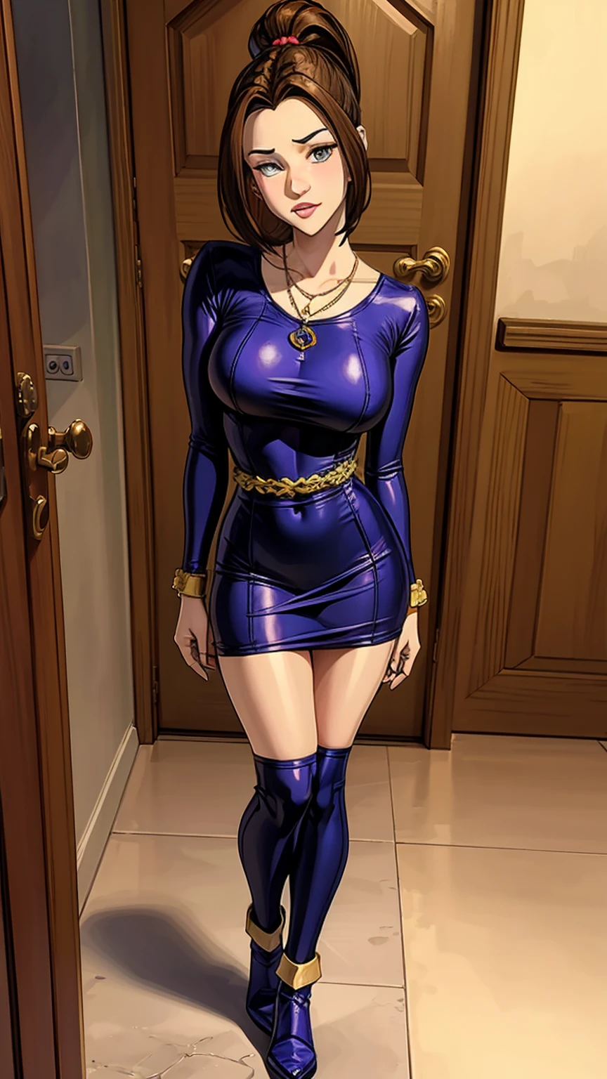 ((Full body photo, standing, on the floor)) KittyPryde_Dress_ownwaifu, 1 girl, brown hair, ponytail, necklace, jewelry, blue eyes, lipstick, long sleeves, lips, long hair, medium breasts, blush, bun, scrunchie, makeup, red lips, hair ornament, xmen x-men uniform, absurdities, ultra detailed, masterpiece, best quality, aesthetic, detailed,
