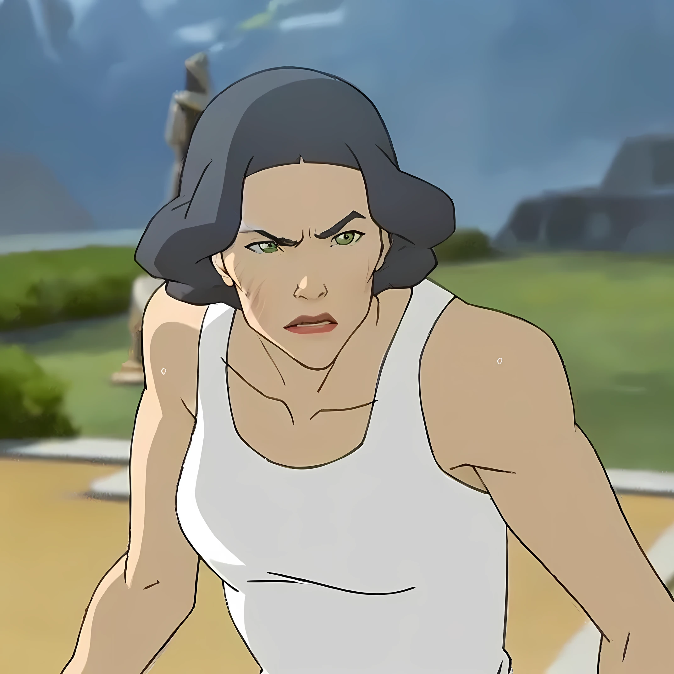  anime image of a woman with an angry expression, Sweat on her arms , lin beifong, scar on the cheek, korra from the legend of korra, legend of korra, portrait of avatar korra, legend of korra setting, muscular Lara Croft, Fujita Goro!,  the goddess Hera looking angry , Intimidating woman, in the anime movie, Fujita Goro, Modern Darna Portrait, green eyes, gray hair