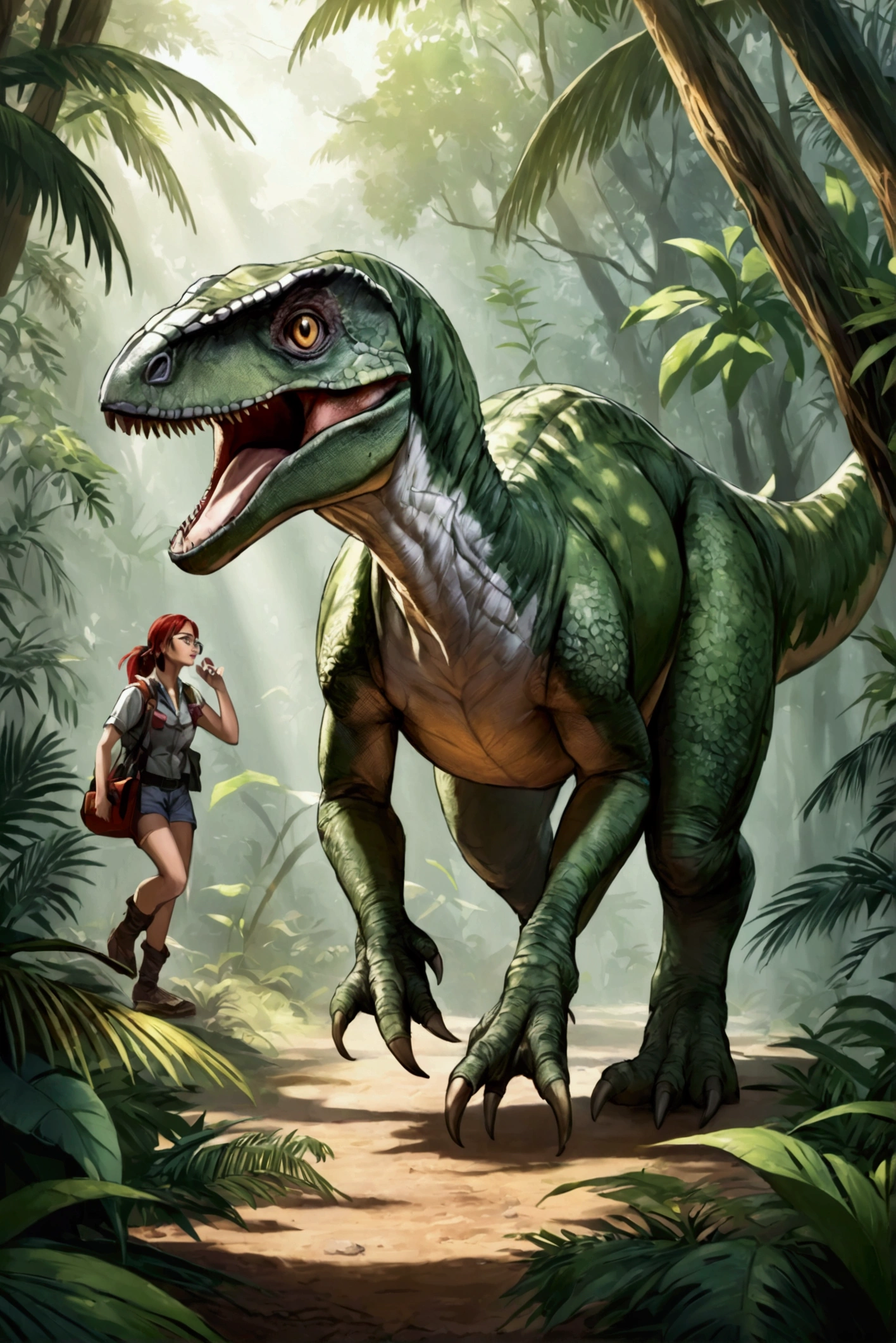 Solo, tyrannosaurus rex, (shocked:0.4), in pain, (torn lab coat, torn pants), (looking at own hands), jungle, (looking at self), thick scales, by kenket, by darkgem, female, breasts, by taran fiddler, 