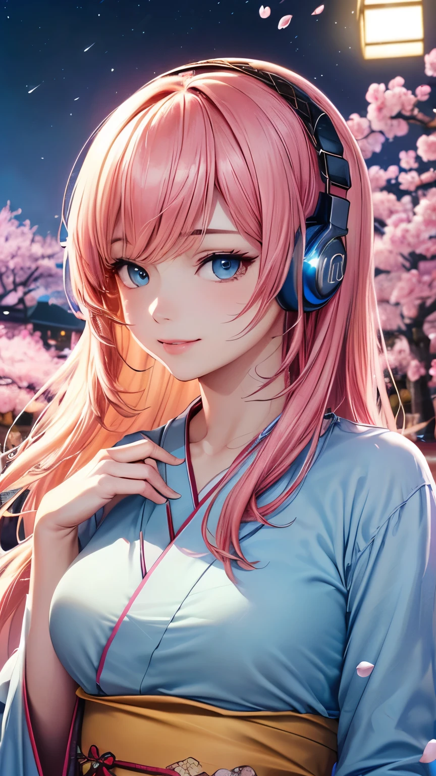 Megurine Luka， pink long hair，((headphones，light blue kimono ))，((Clear blue eyes))，((4K，8k，CG Unity，Masterpiece，masterpiece，Best Quality:1.5))，Official image，Perfectly correct anatomy，((Realistic:1.2))，Bust Up，(( staring at the camera with a gentle smile:1.17))，The most beautiful woman in the world，A soothing expression， Supermodels， Beautiful Detailed Skin Texture，Beautiful Lips， Extremely Exquisite Acrylic Painting ，Very beautiful and smooth hair， Pro Lighting，Perfectly correct hand shape， Intricate Details ，((A beautiful background of cherry blossom trees at night with a blizzard of cherry blossoms))