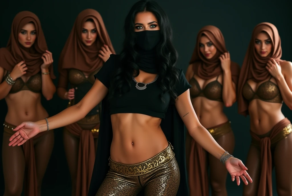 With headscarf, veiled and wearing red high heels, A woman with a whip in her hand and a collar of a man lying at her feet in the other hand is sitting in Tokat province. In the sky " Queen  Salome" writes. Female dominant. There are naked male slaves kneeling in front of you.  The woman is completely covered, only her eyes are visible.. Woman crushes men&#39;s penises. The woman has a strap-on..