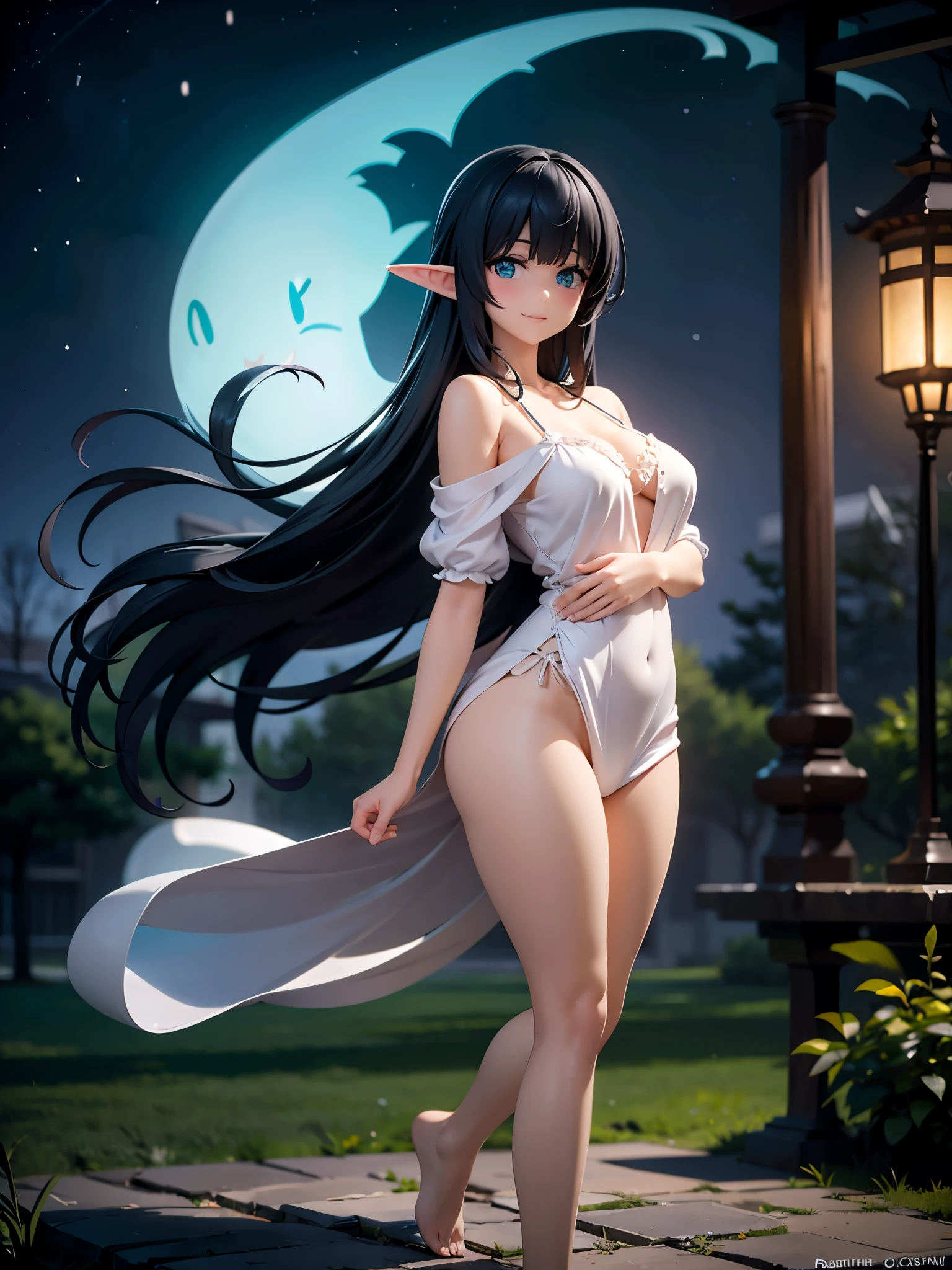 Realistic image, detailed image, coherent image, 1 elf, has turquoise eyes, very long hair, black hair, blushing, smiling, Yaeba, She has a curvy body, medium breasts and thick thighs, she is wearing a nightgown with a hollowed-out neckline, off the shoulder, ghost-like aura, She is floating in the air sensually, arching her back, bats around, starry night, mist in the environment, Halloween, dramatic shadows, volumetric lighting, natural lighting, park background