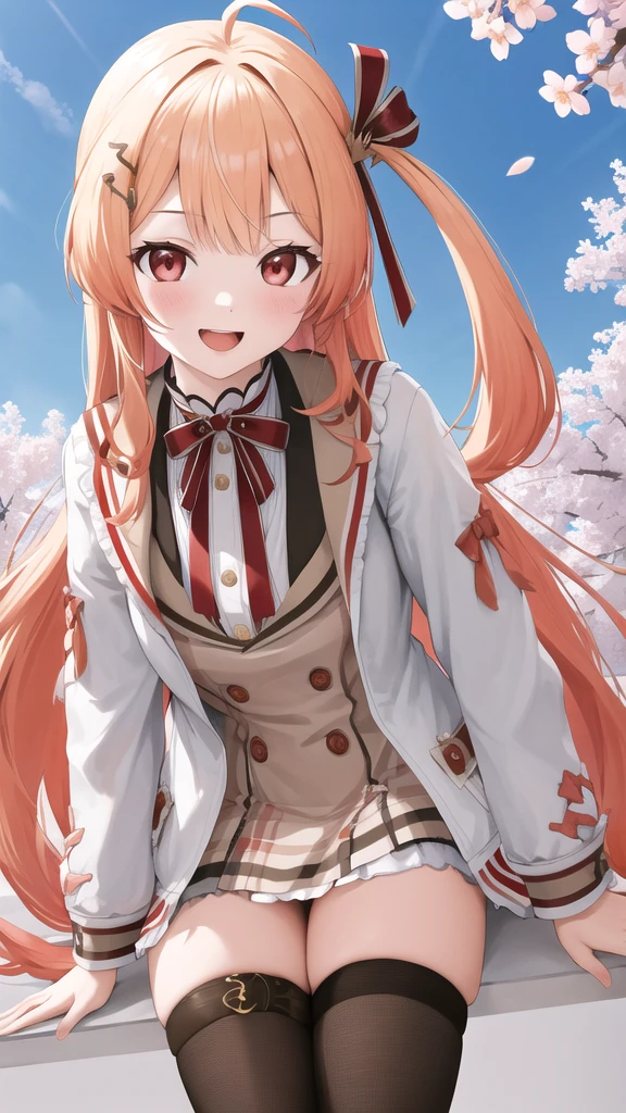 masterpiece, best quality, highres, kanadeyj, long hair, one side up, hair ribbon, hair ornament, ahoge, red eyes, neck ribbon, red ribbon, brown dress, white jacket, open clothes, long sleeves, thigh strap, black thighhighs, outdoors, cherry blossoms, standing, leaning forward, smile, open mouth, hand on own knee,