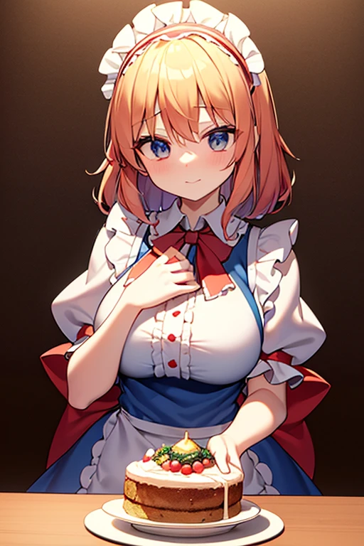 alice_margatroid_(touhou), medium_hair, white_capelet, frilled_dress, frilled_ascot, red_ascot, puffy_short_sleeves, ****ta_hairband, frilled_hairband, grimoir_of_alice, doll, shanghai_doll_(touhou), blue_eyes apron, hair_bow, red_ribbon_on_head, weapon, lance, maid, doll Seven body seven colors the seven colors seven body doll Manipulating the seven body seven colors doll, Seven body seven colors the seven colors seven body doll Manipulating the seven body seven colors doll, alice_margatroid, Xmas Many dishes and drinks are laid out on the table, eating a lot of food happily, on a Christmas night there's a huge roast turkey and christmas cake and alcohol, beer, so it's a lively Christmas party