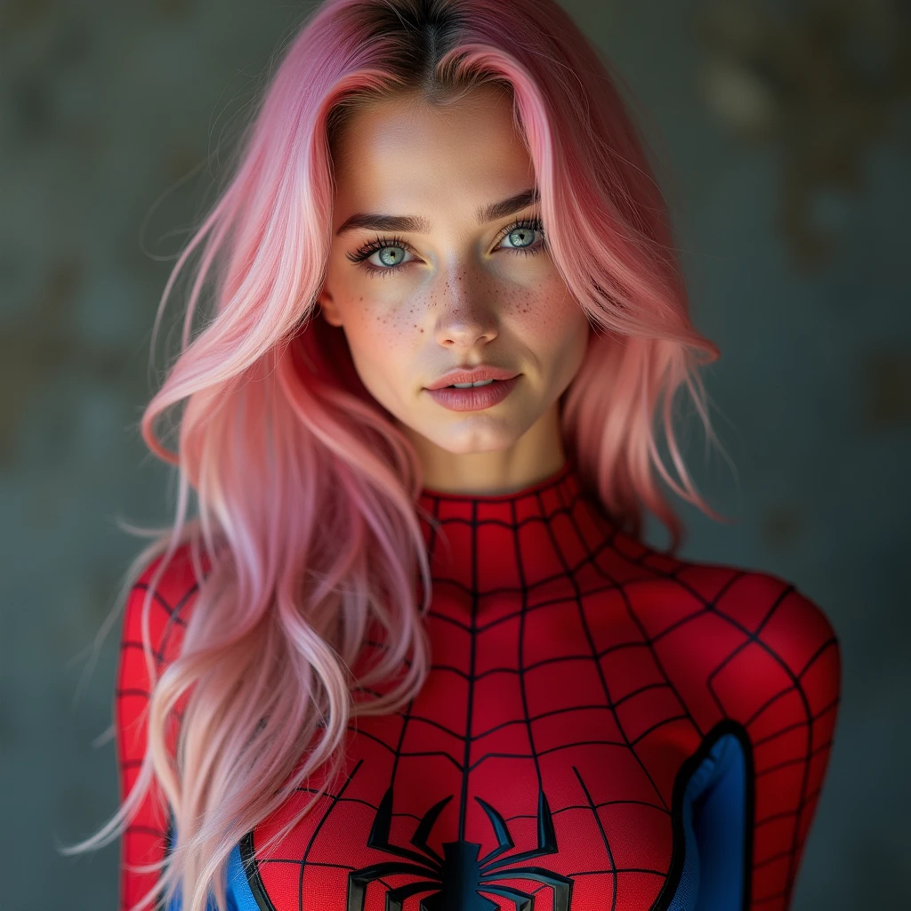 RAW, (best quality:1.17), (masterpiece:1.17), (semi realistic:1.17), contrast,  superheroine photo, the  harley quinn, (detailed eyes:1.3),(smile:1), (freckles:1.1), (skin pores:1.1), (wearing superheroine suit:1.2), (look at viewer:1.2), (high quality face:1.1), (high detailed face skin:1.1), (realistic iris:1.1), (realistic pupils:1.3), (realistic lighting:1.1), (beautiful moles and freckles:0.1), (film noise:1.1), (film grain:1.4),  analog style,  hybrid superheroine cosplay, (wearing superheroine suit:1.2),   (look at viewer) (skin texture) (film grain), (hyper realistic texture skin:1.17), (warm hue, warm tone:1.2), close up, cinematic light, side lighting, Dappled Light, ultra high res, best shadow