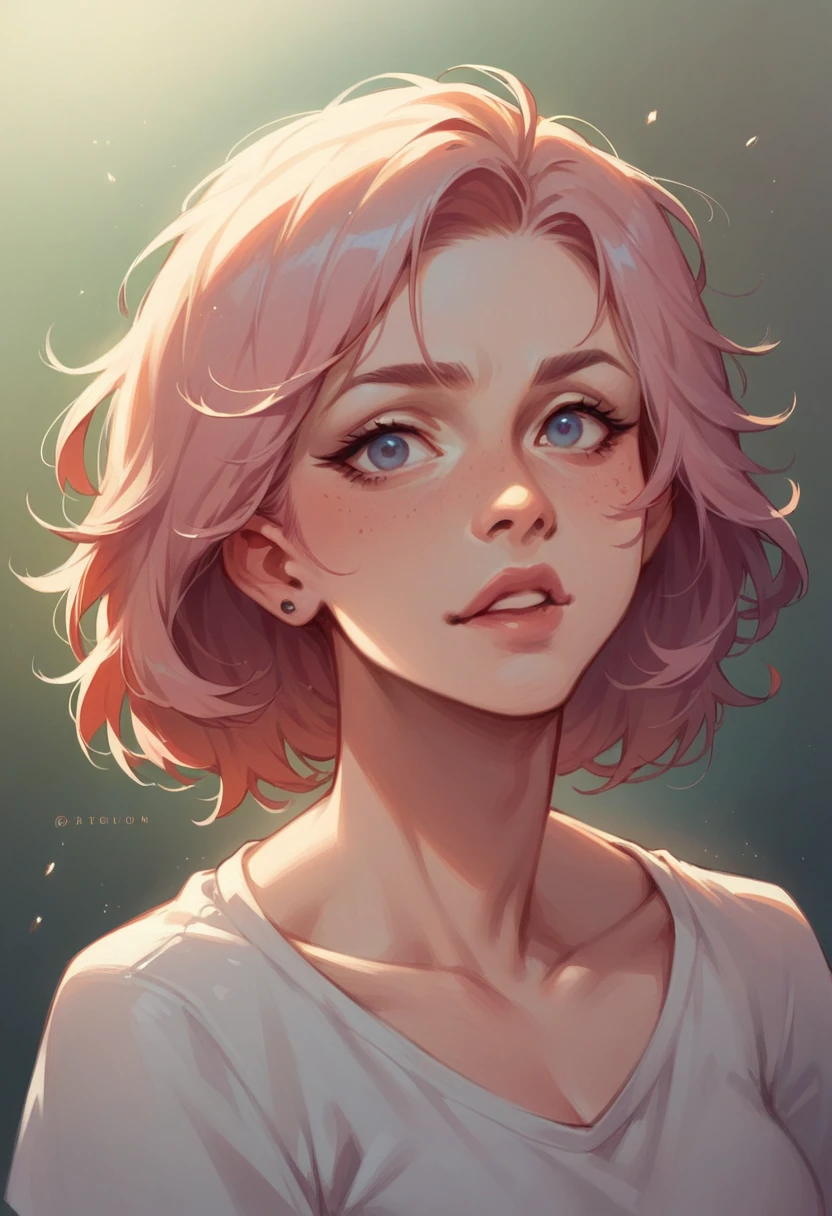 (best quality,4k,8k,Altas,master part:1.2),ultra-detalhado,(Realistic,fotorrealista,photo-realistic:1.37),illustration,cabelo rosa,short hair,nu,pale skin,pose elegante,Olhos bonitos,delicate lips,soft lighting,cena do quarto,atmosfera sensual,vivid colors