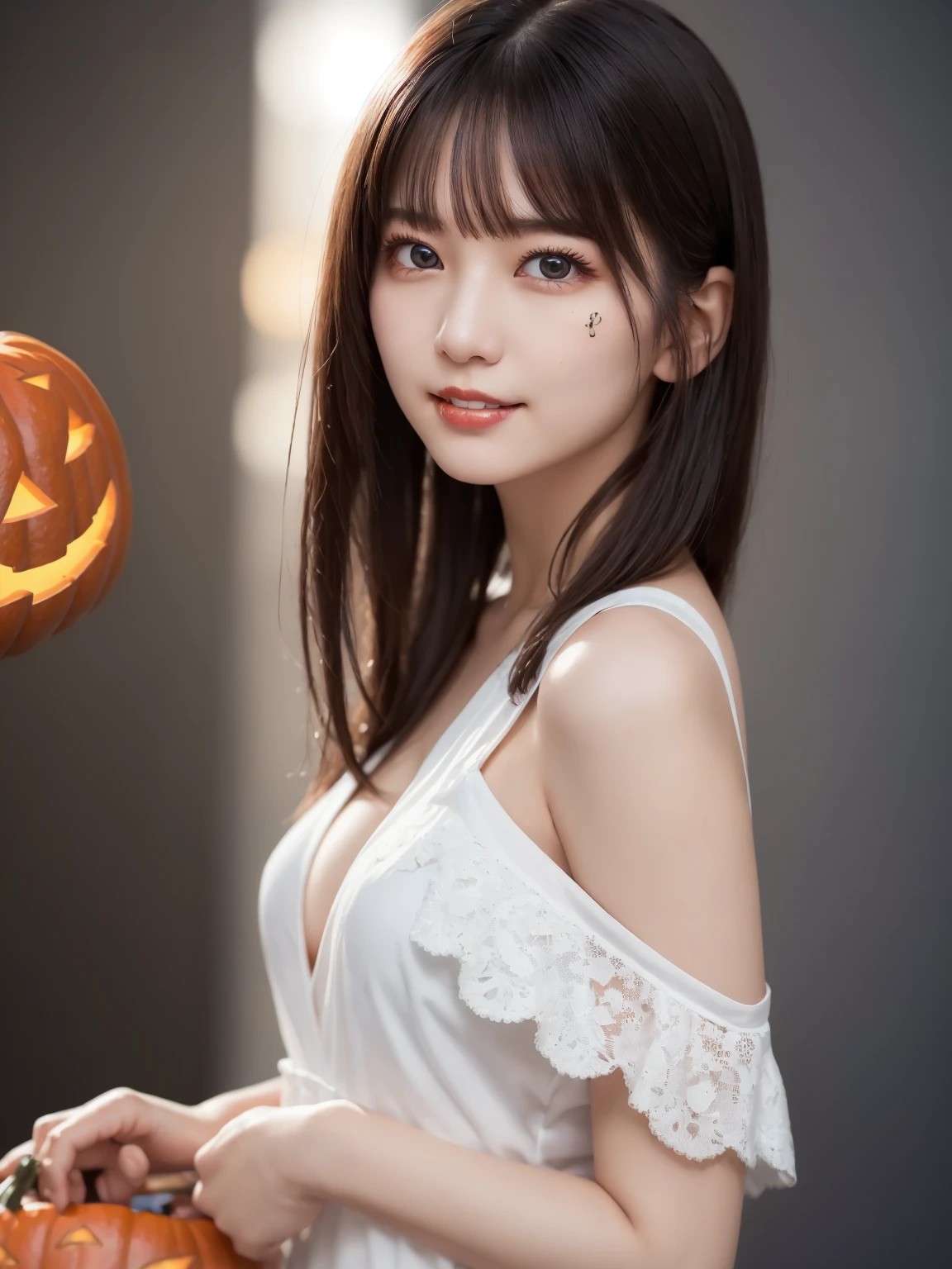 ( Halloween Outfits : 1.5), Complex and beautiful eyes、woman、Womanly black hair、(Delicate and realistic hair、1 bottle１Realistic hair)、bangs、Natural Color Lip、(smile : 1.2)、((White indoor))、((18歳woman:1.******ung and adorable Japanese face, Official Art，Highly detailed CG Unity 8k wallpaper，（masterpiece:1.0),(Best Quality:1.0), 超High resolution,4K,Very detailed, photo shoot, 8k, nffsw, High resolution, Kodak Portrait 400, Film Grain, Lens flare glow,高いest quality,8k,nffsw:1.2),Portrait Shot,8k、Show Viewer, (((Front View))), ((Facing))、Body facing forward、Bold cleavage、Firm breasts、(Small face : 1.5), Highest quality、Super beautiful images、stand up、(Shoulder to head  : 1.8)、(Focus on the head and face : 1.7)