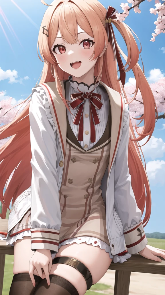 masterpiece, best quality, highres, kanadeyj, long hair, one side up, hair ribbon, hair ornament, ahoge, red eyes, neck ribbon, red ribbon, brown dress, white jacket, open clothes, long sleeves, thigh strap, black thighhighs, outdoors, cherry blossoms, standing, leaning forward, smile, open mouth, hand on own knee,