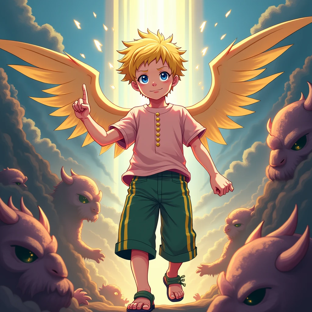 Generate for me the image of a legendary little being of light called Bringuito, it's a boy, he has demon wings a face glowing with light eyes of golden light he levitates and raises his arms in a cross with a huge amount of white light around him