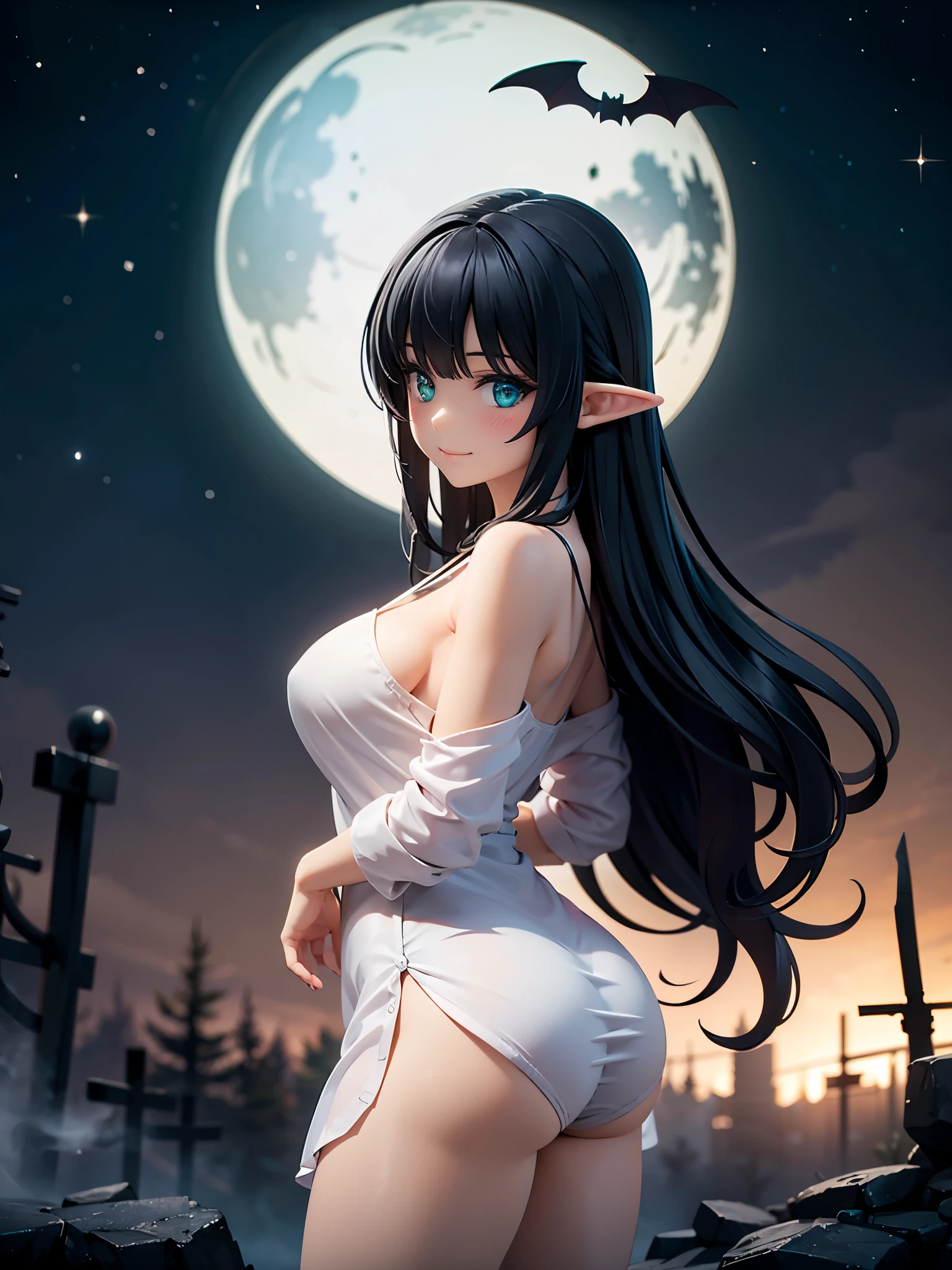 Realistic image, detailed image, coherent image, 1 elf, has turquoise eyes, very long hair, black hair, blushing, smiling, Yaeba, She has a curvy body, medium breasts and thick thighs, she is wearing a nightgown with a hollowed-out neckline, off the shoulder, ghost-like aura, She is floating in the air sensually, arching her back, bats around, starry night, mist in the environment, Halloween, dramatic shadows, volumetric lighting, natural lighting, park background