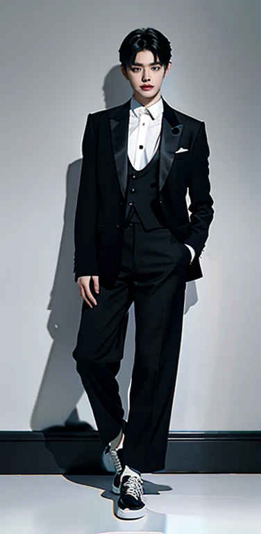 Full Body Photo 、 8K HD High Quality Image 、 Studio Background 、 Handsome 、 Natural Face, Accurate 、Korean man 、 1 Taeyong from NCT U 、White skin 、 Black hair 、Leather Jacket 、black shoes 、Standing in a Full Height from Head to toe 、Cool Korean man haircut 、Black tuxedo pants 、NO MAKE UP 、Black shirt 、Black fedora 、Black eye glasses 、Black necktie 、Round Eyeglasses